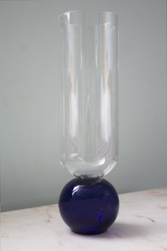Contemporary Blue Flower Glass Blown Cylinder Vase Handcrafted by Natalia Criado