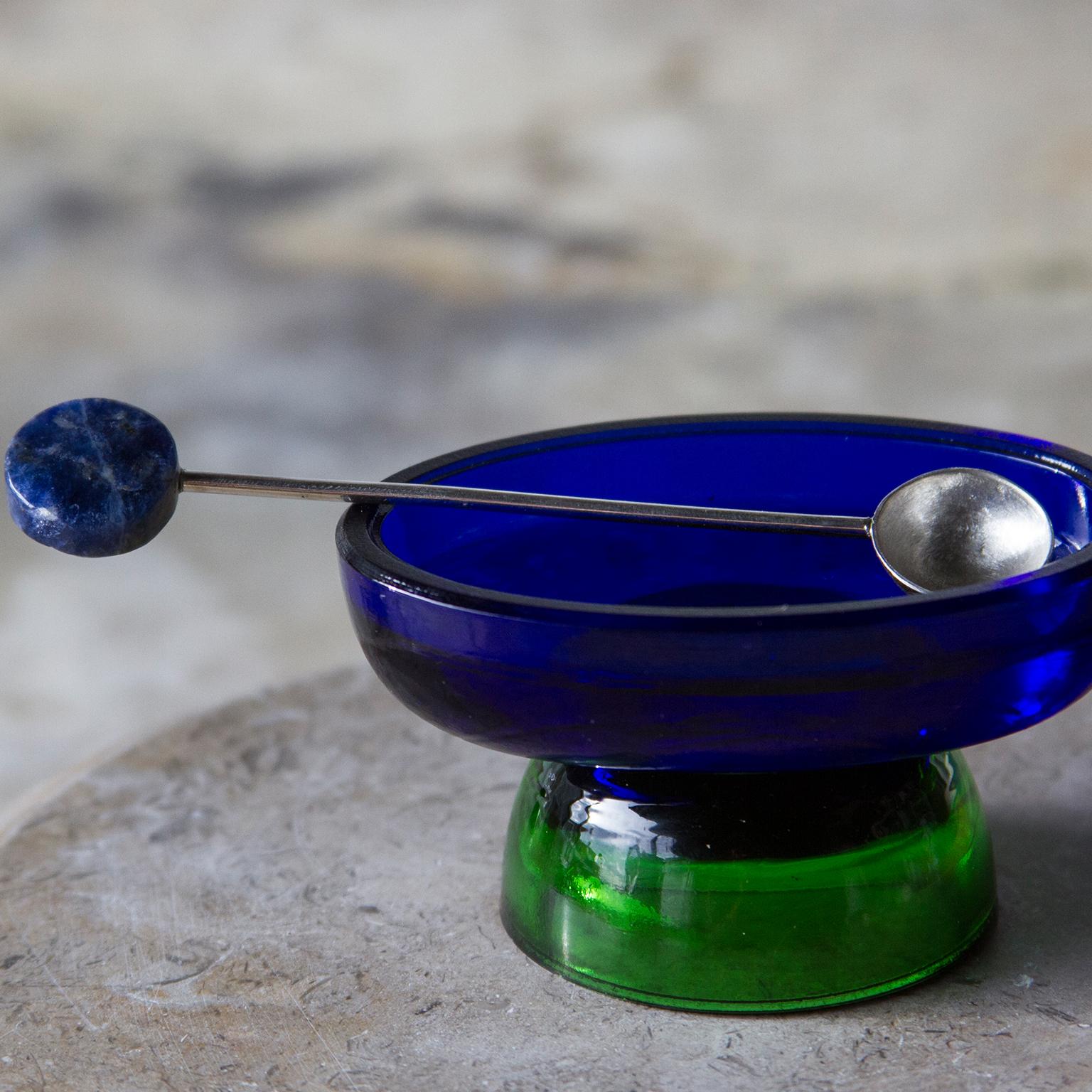 Modern Contemporary Blue Green Glass Blown Salt Cellar Server Spoon by Natalia Criado For Sale