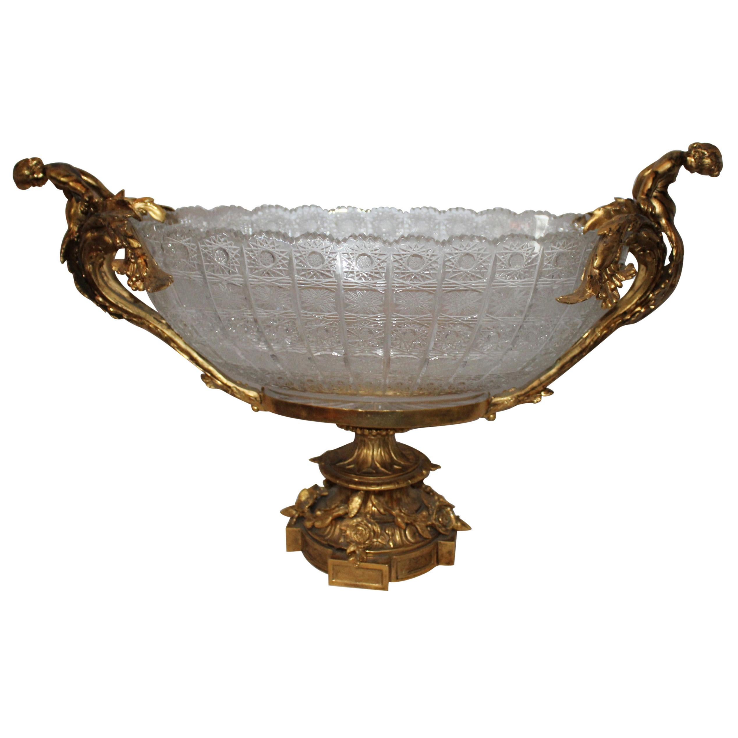 Crystal Bowl, Center Piece, Doré 22-Karat Gold Plate on Bronze Empire Style