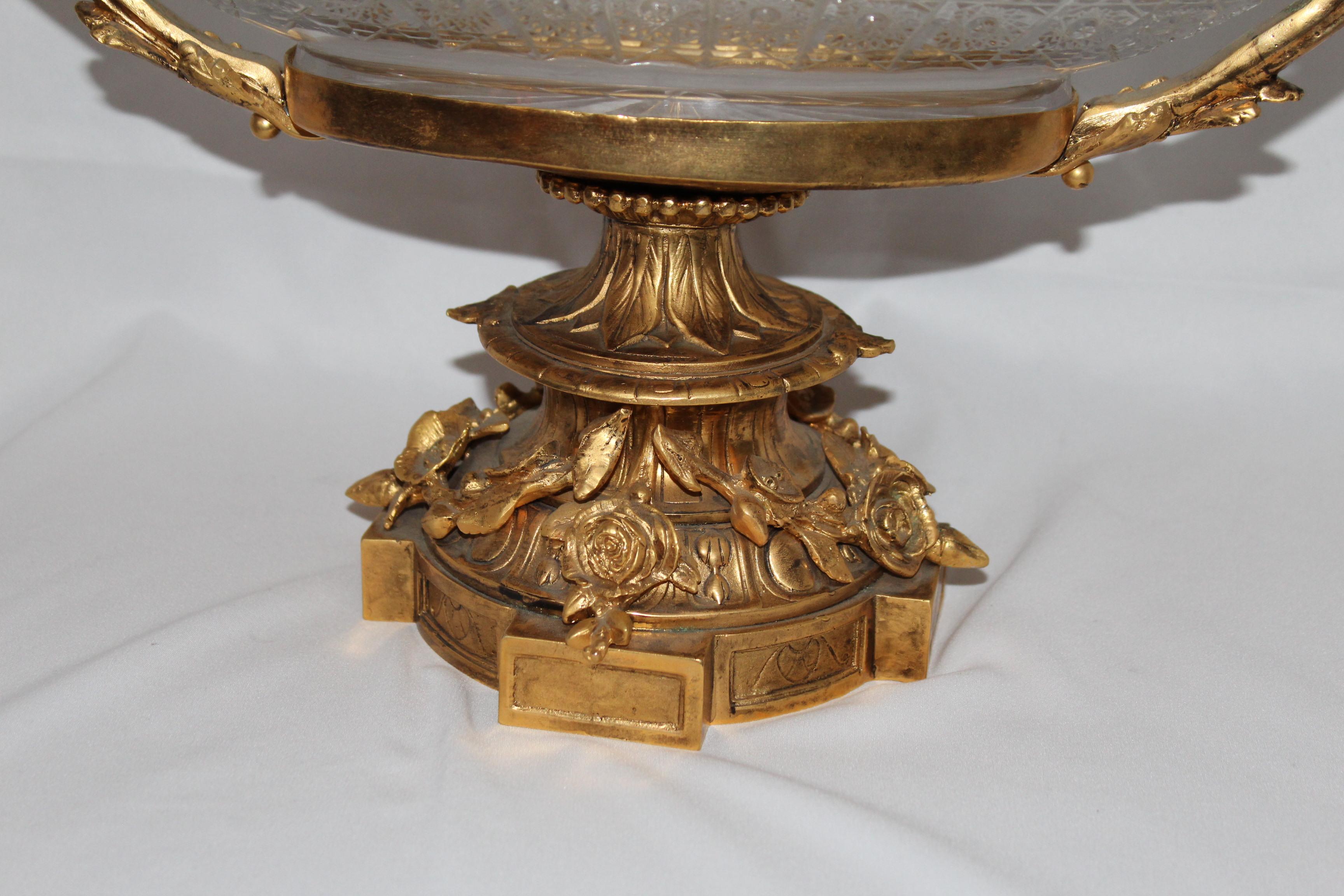 Empire Revival Crystal Bowl, Center Piece, Doré 22-Karat Gold Plate on Bronze Empire Style