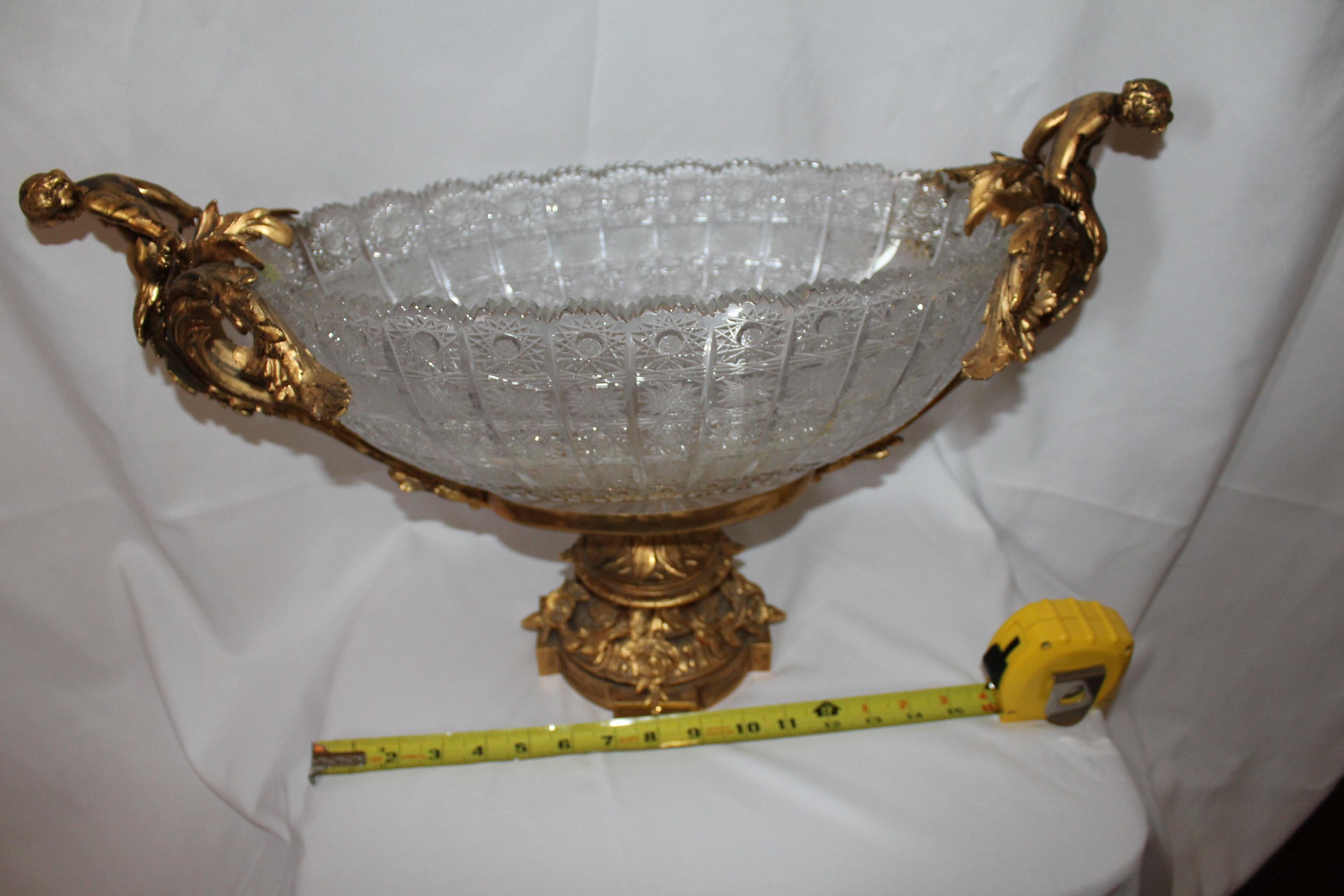 North American Crystal Bowl, Center Piece, Doré 22-Karat Gold Plate on Bronze Empire Style