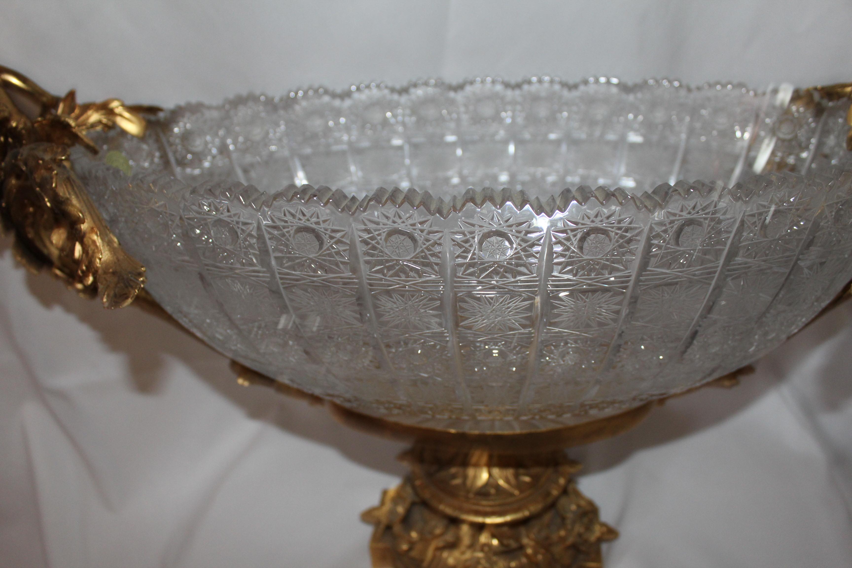 Carved Crystal Bowl, Center Piece, Doré 22-Karat Gold Plate on Bronze Empire Style
