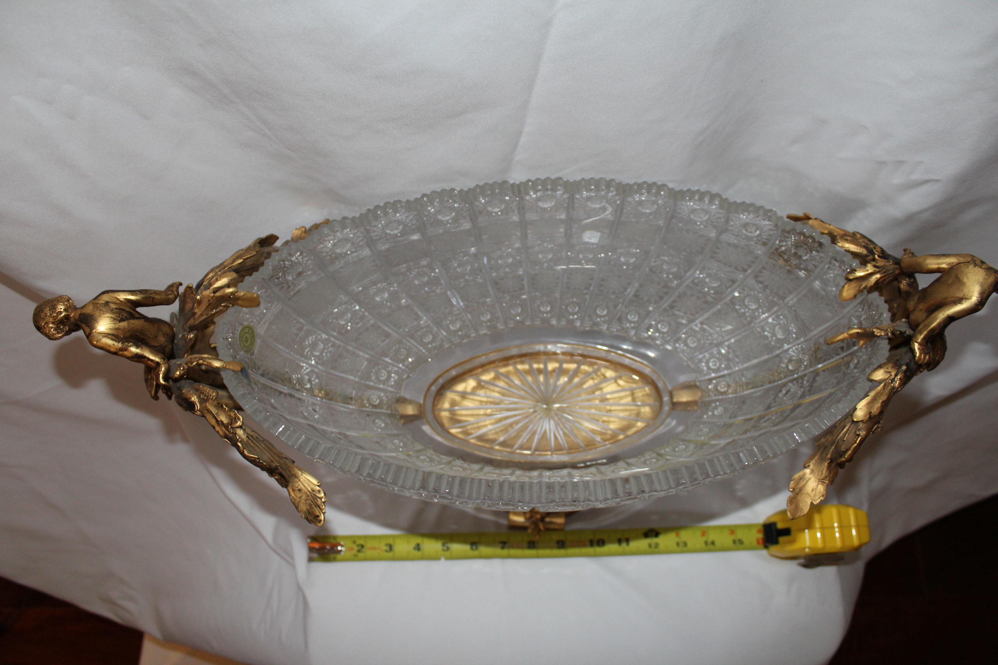 Late 20th Century Crystal Bowl, Center Piece, Doré 22-Karat Gold Plate on Bronze Empire Style