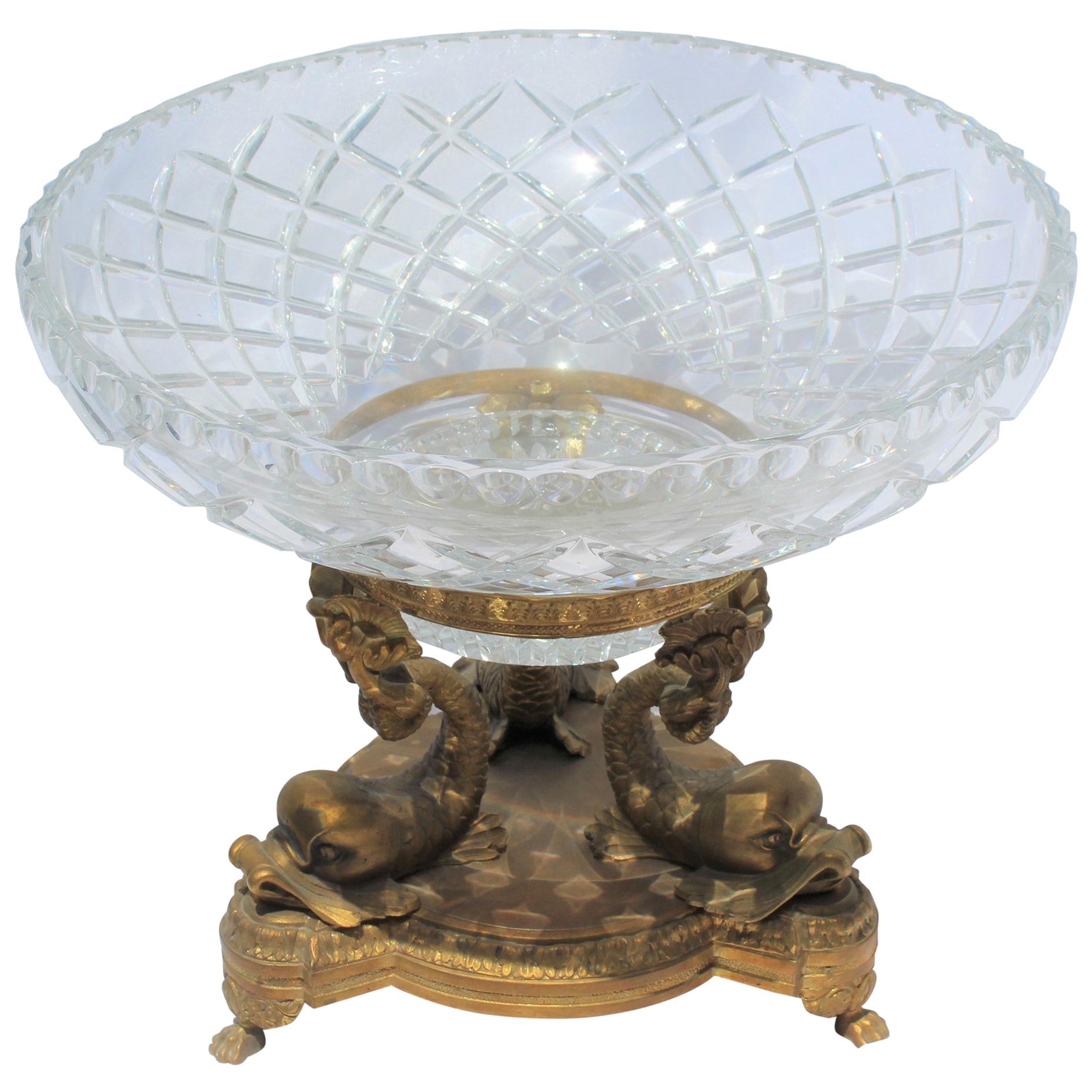 Crystal Bowl, Triple Dolphin Base, 18-Karat Doré Gold plated Empire Style