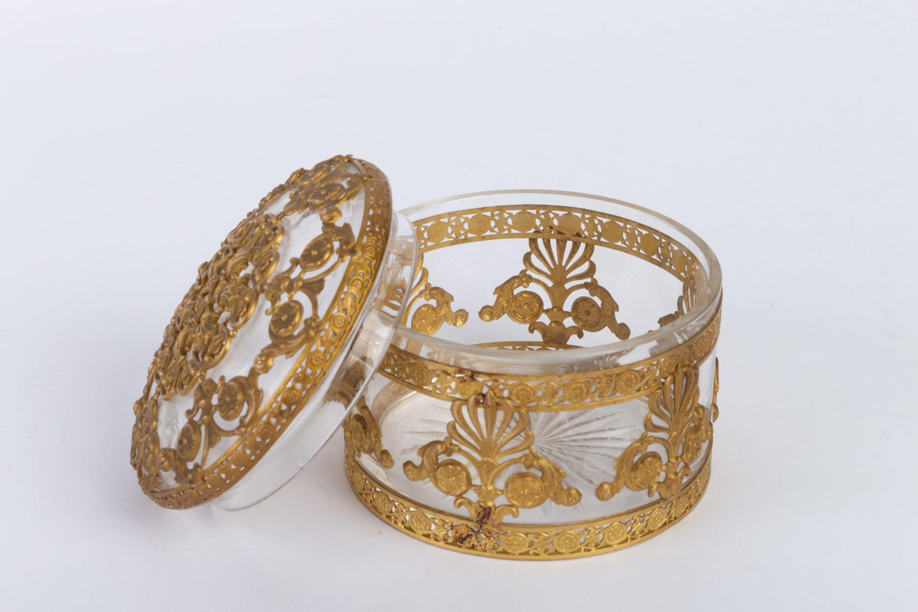 French Crystal Box with Gilded Metal Frame Decorated with Palmettes and Interlacing