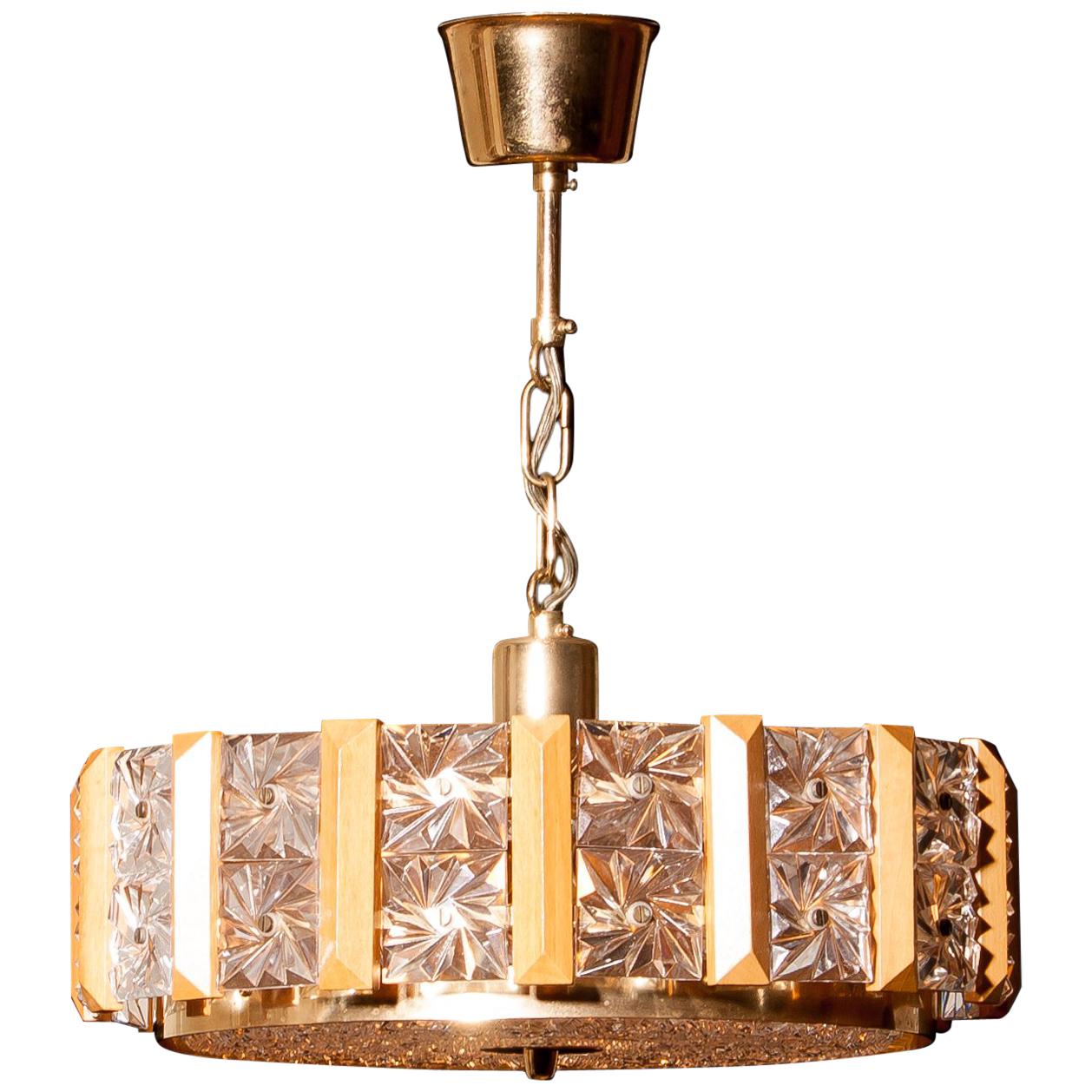 Crystal, Brass and Teak Pendant by Carl Fagerlund for Orrefors, 1960s