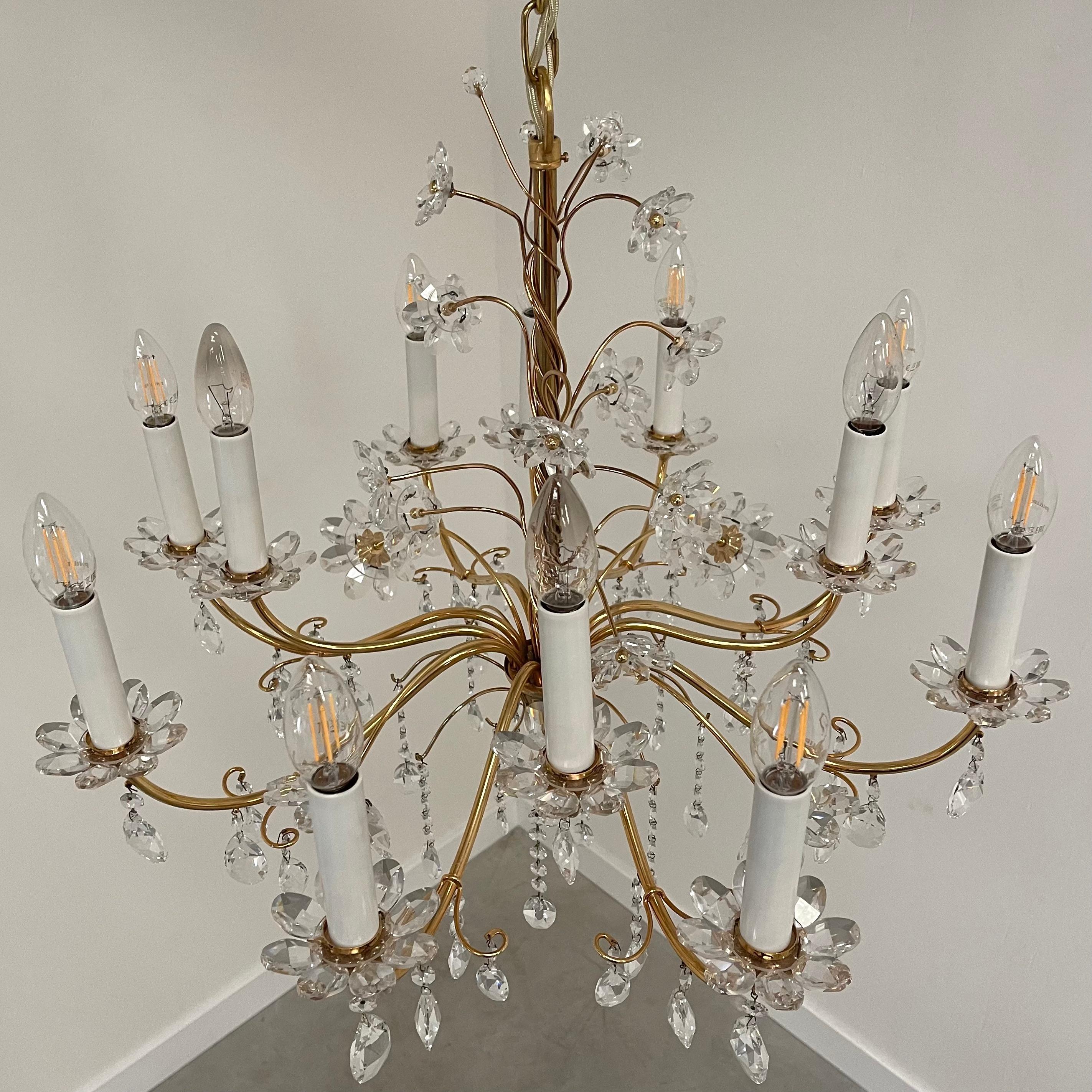 Brass Crystal brass chandelier by Palme & Walter, 1970s For Sale