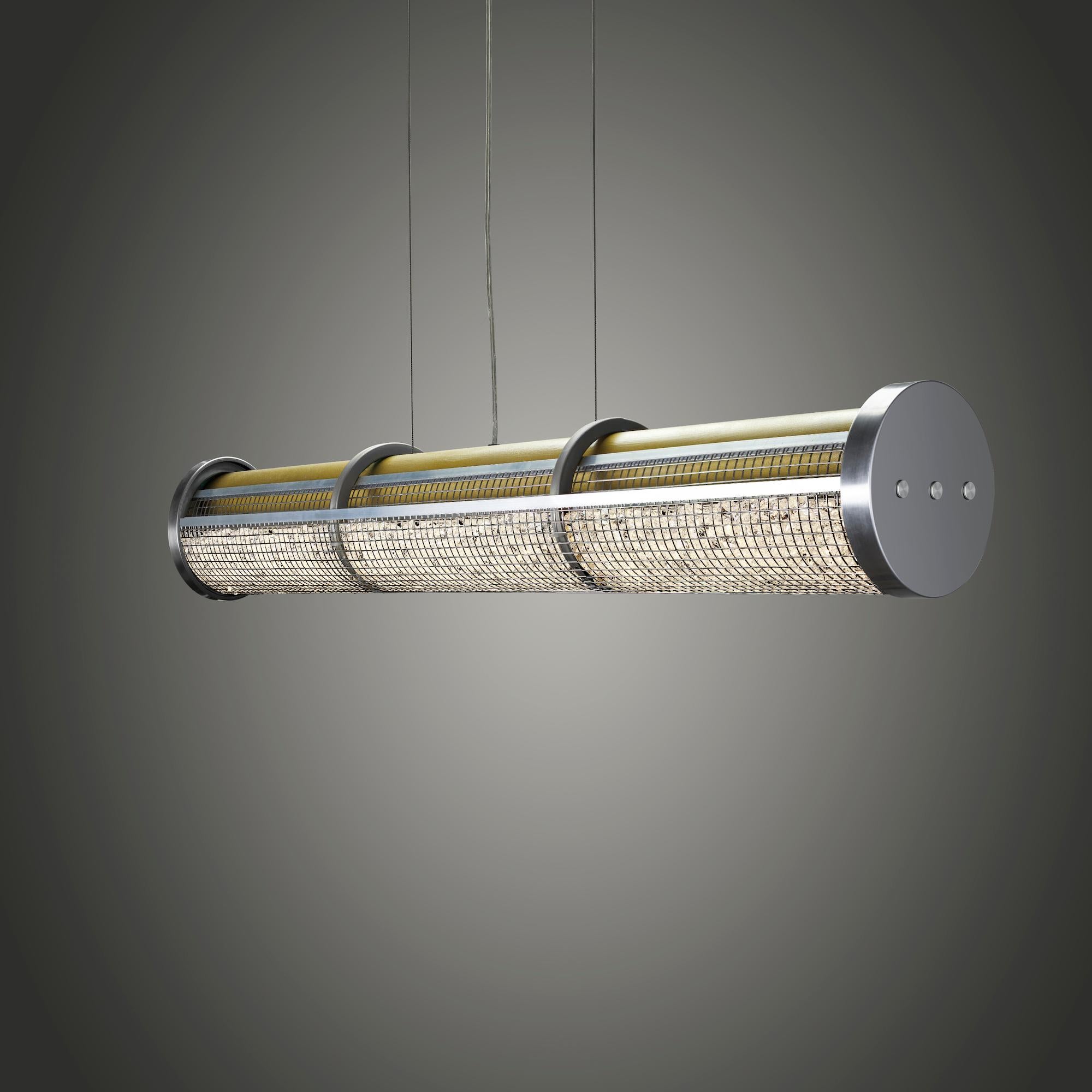 Contemporary Crystal Cage LED Long Linear Suspension Gold Finish