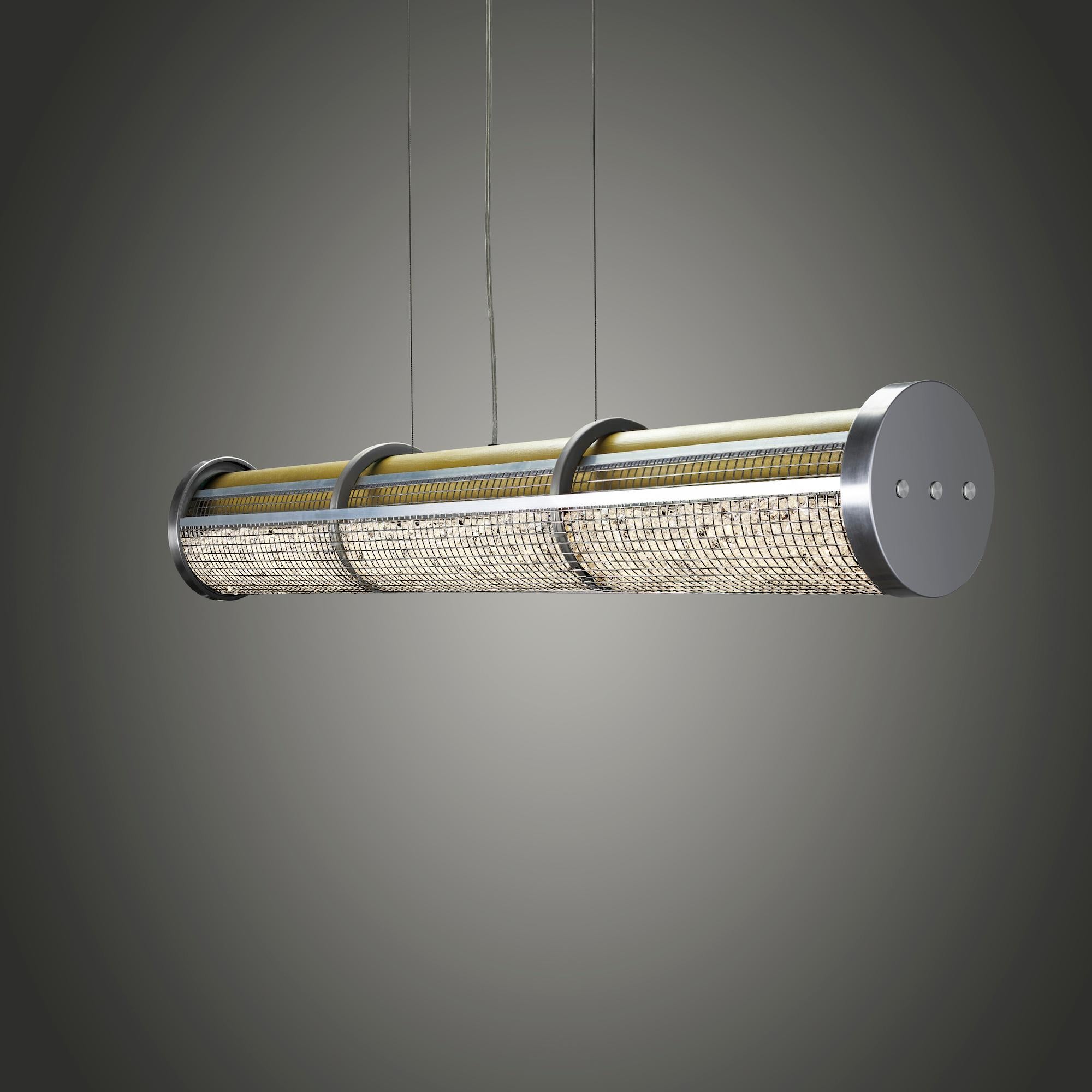 XXI secolo e contemporaneo Gabbia di cristallo LED Lunga Sospensione Lineare Finitura Oro in vendita