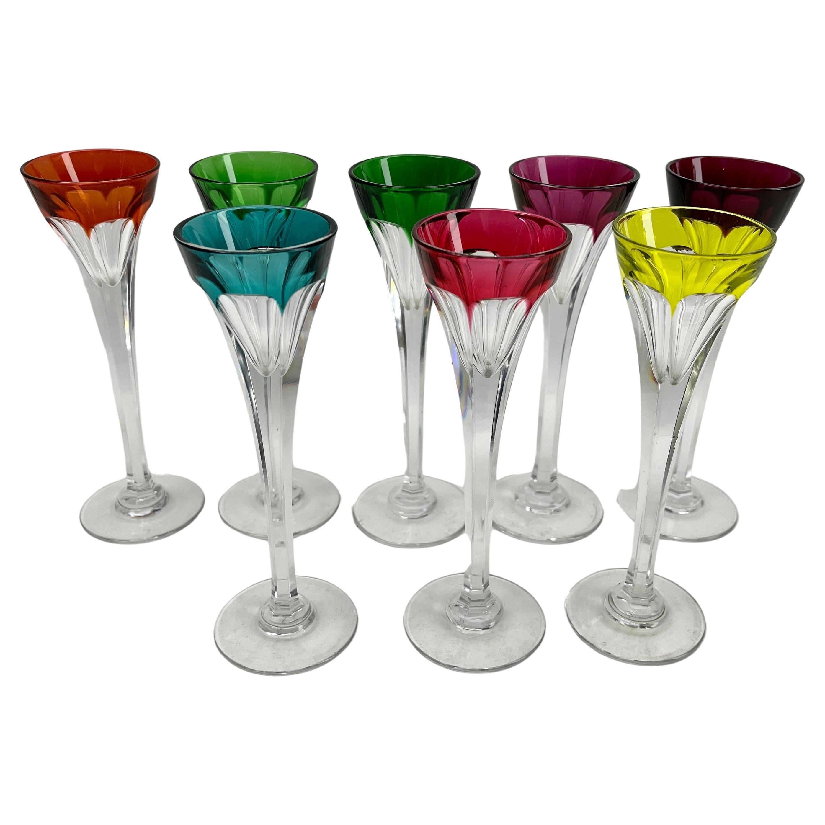 Art Deco Crystal Carafe Silver Mount and Stopper  Set of 8 Small Wine Liqueur Glasses For Sale