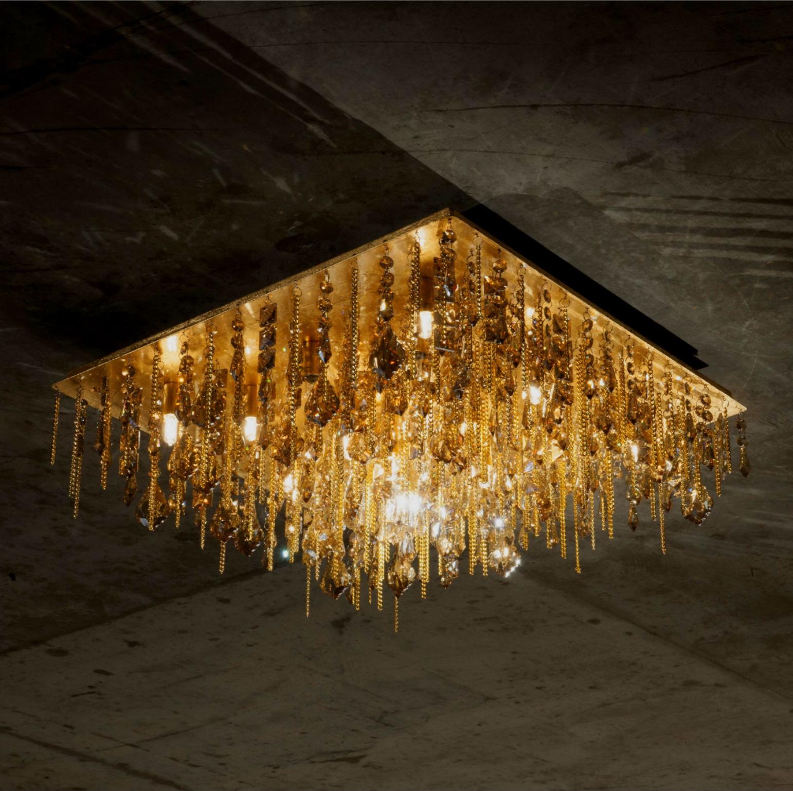 Crystal ceiling lamp by Aver
Dimensions: D 56 x W 56 x H 18 cm 
Materials: Crystal, metal.
Lighting: 16 x G9
Available finishes: Gold Leaf, Silver Leaf, Warm Gold Leaf, Warm Silver Leaf.

All our lamps can be wired according to each country.