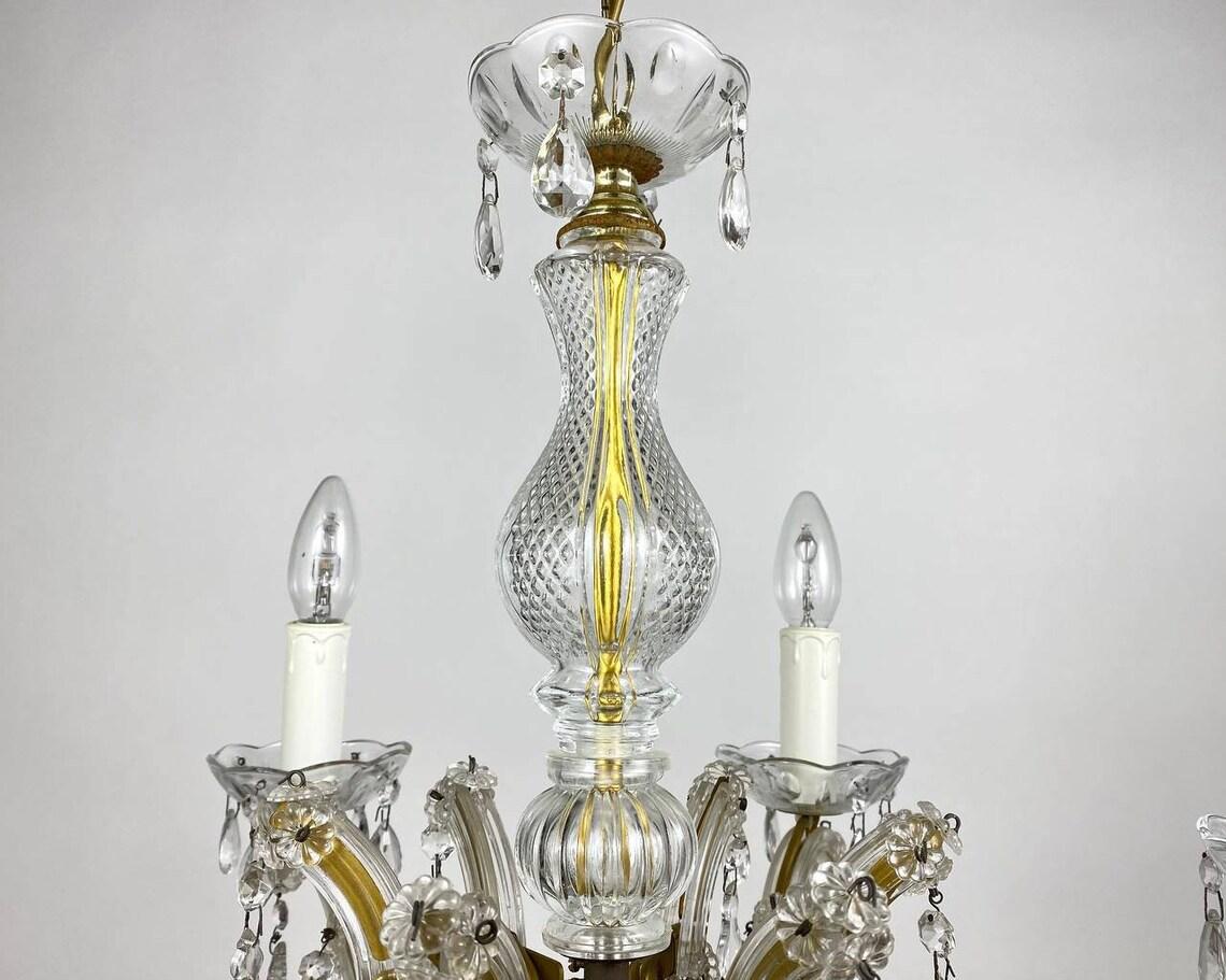 Mid-Century Modern Crystal Ceiling Lamp in Gilt Metal Frame For Sale