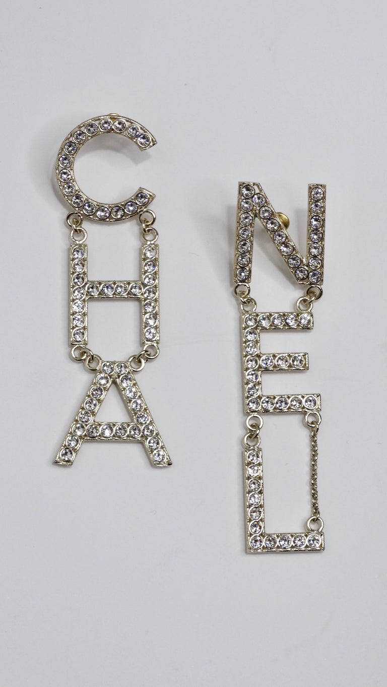 CHANEL Crystal Cha-Nel Logo Drop Earrings Gold 1135050