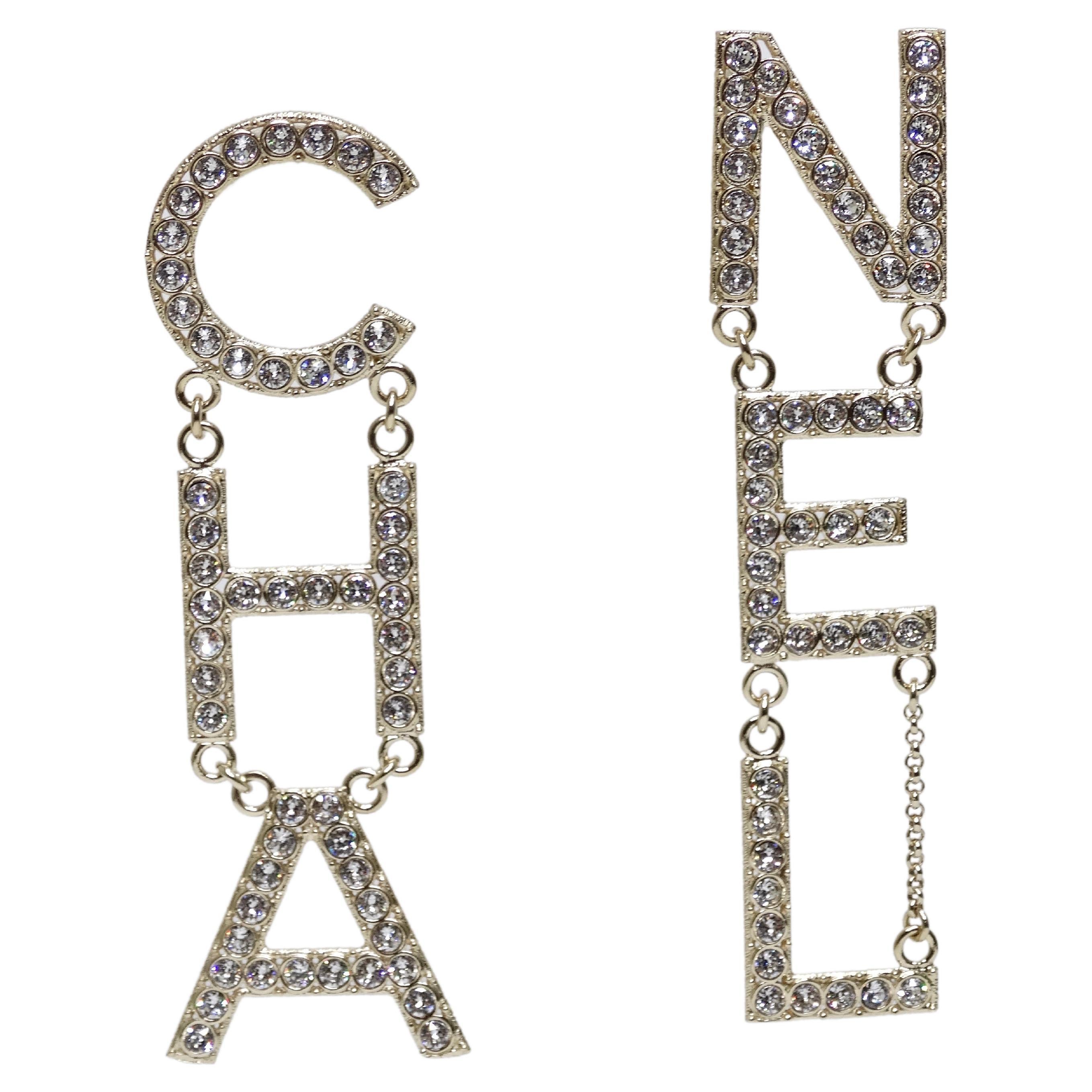 Crystal CHA-NEL Logo Runway Drop Earrings at 1stDibs