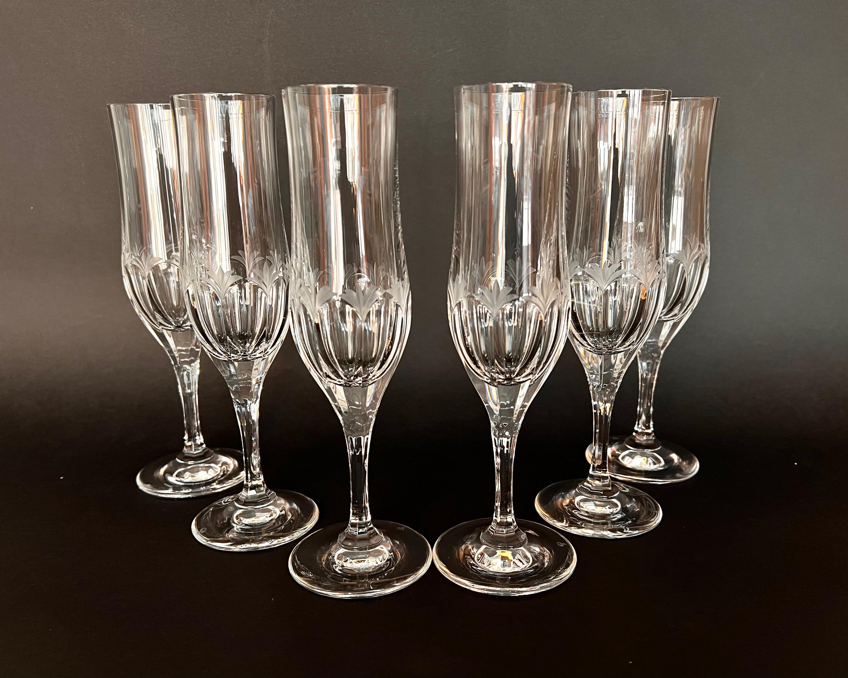 Late 20th Century Crystal Champagne Flute Glasses Set 6, Germany, 1980s Vintage Flute Glasses For Sale