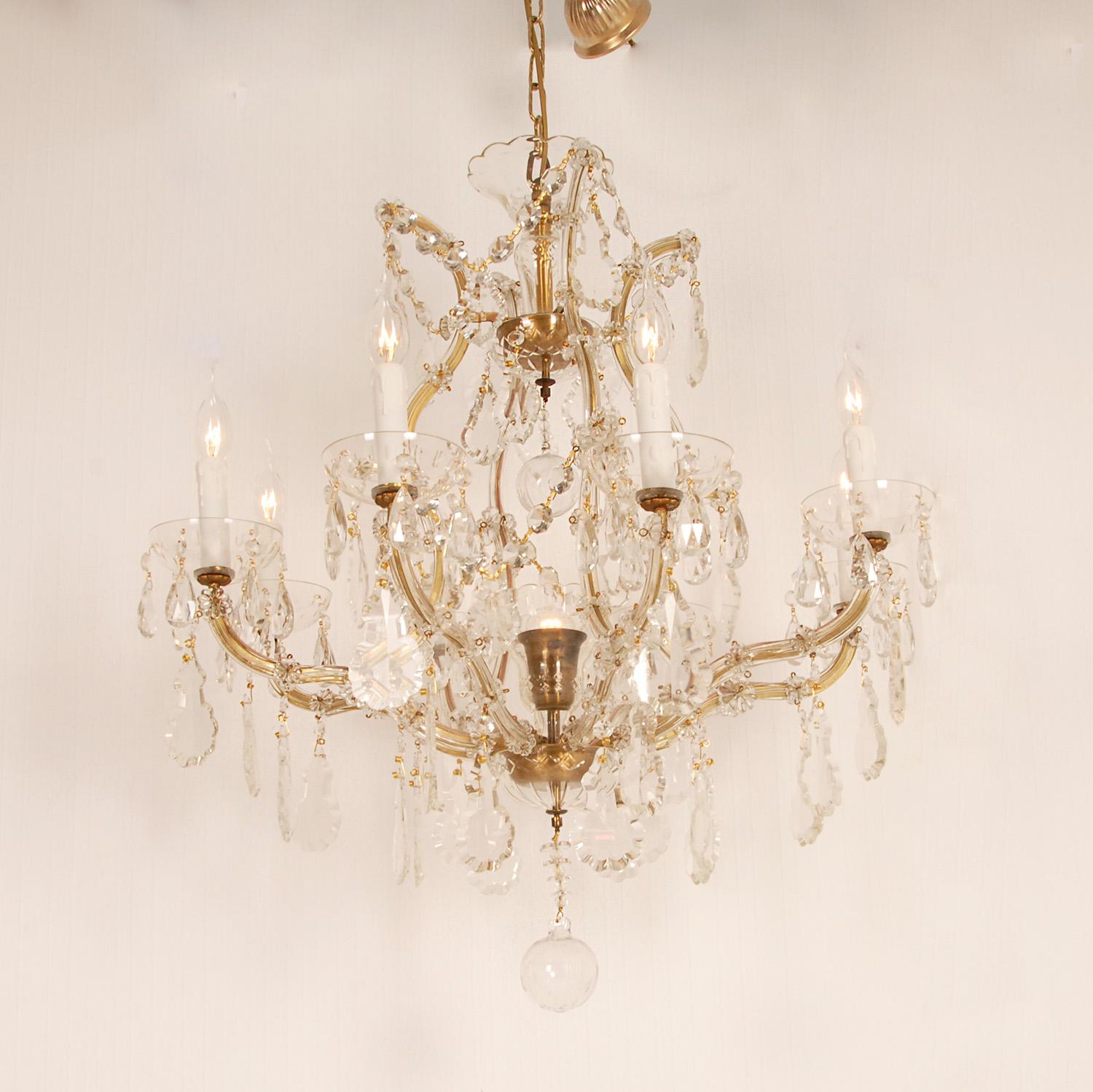 French Provincial Crystal Chandelier 9 Light Gold Frame Blown Glass Cage Chandelier Viennese