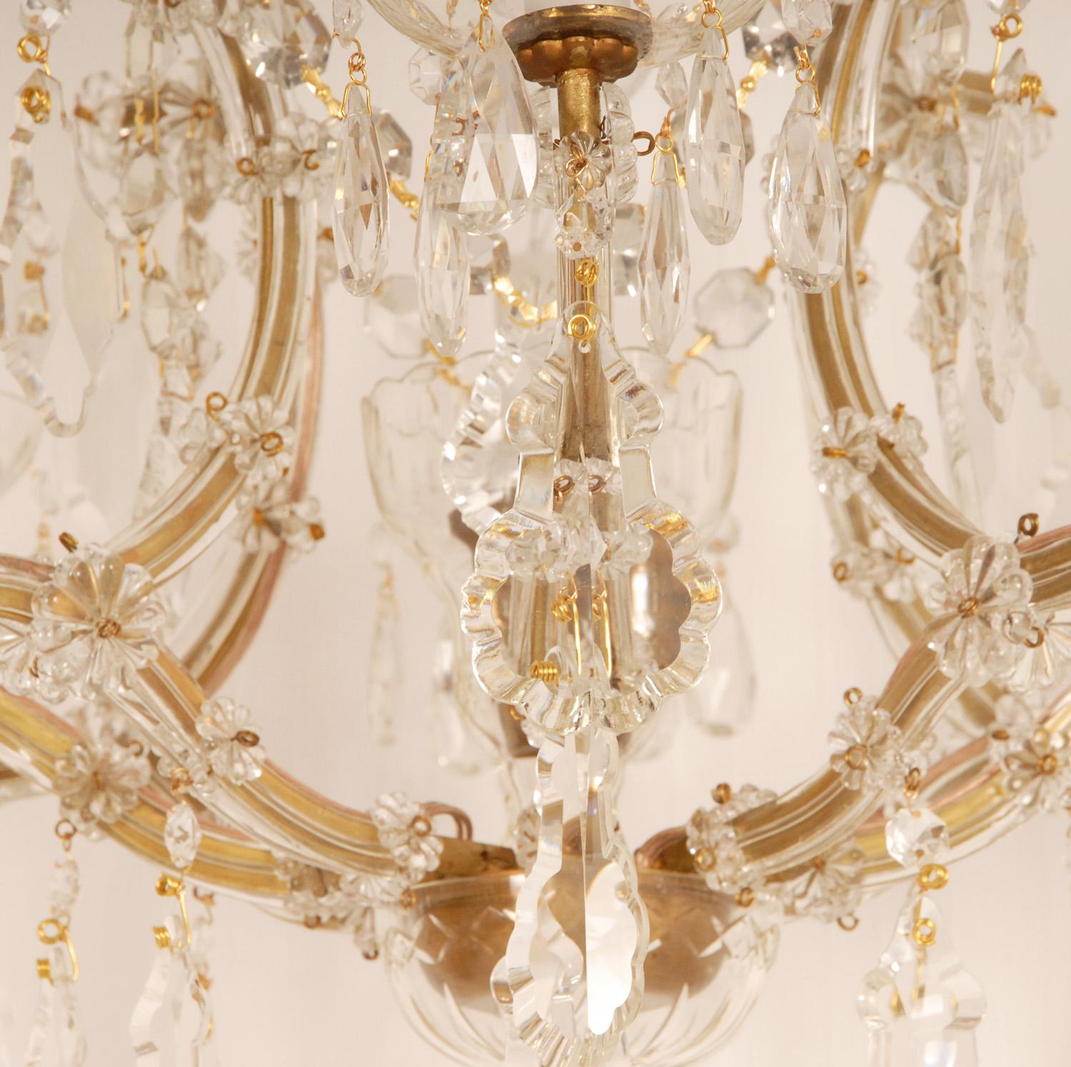 20th Century Crystal Chandelier 9 Light Gold Frame Blown Glass Cage Chandelier Viennese