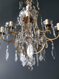 Crystal Chandelier Antique Ceiling Lustre Art Nouveau Rarity, 1930 Gold Brass