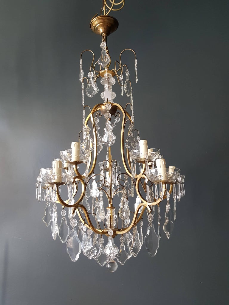 French Crystal Chandelier Antique Ceiling Lamp Lustre Art Nouveau Lamp Rarity, 1930 For Sale