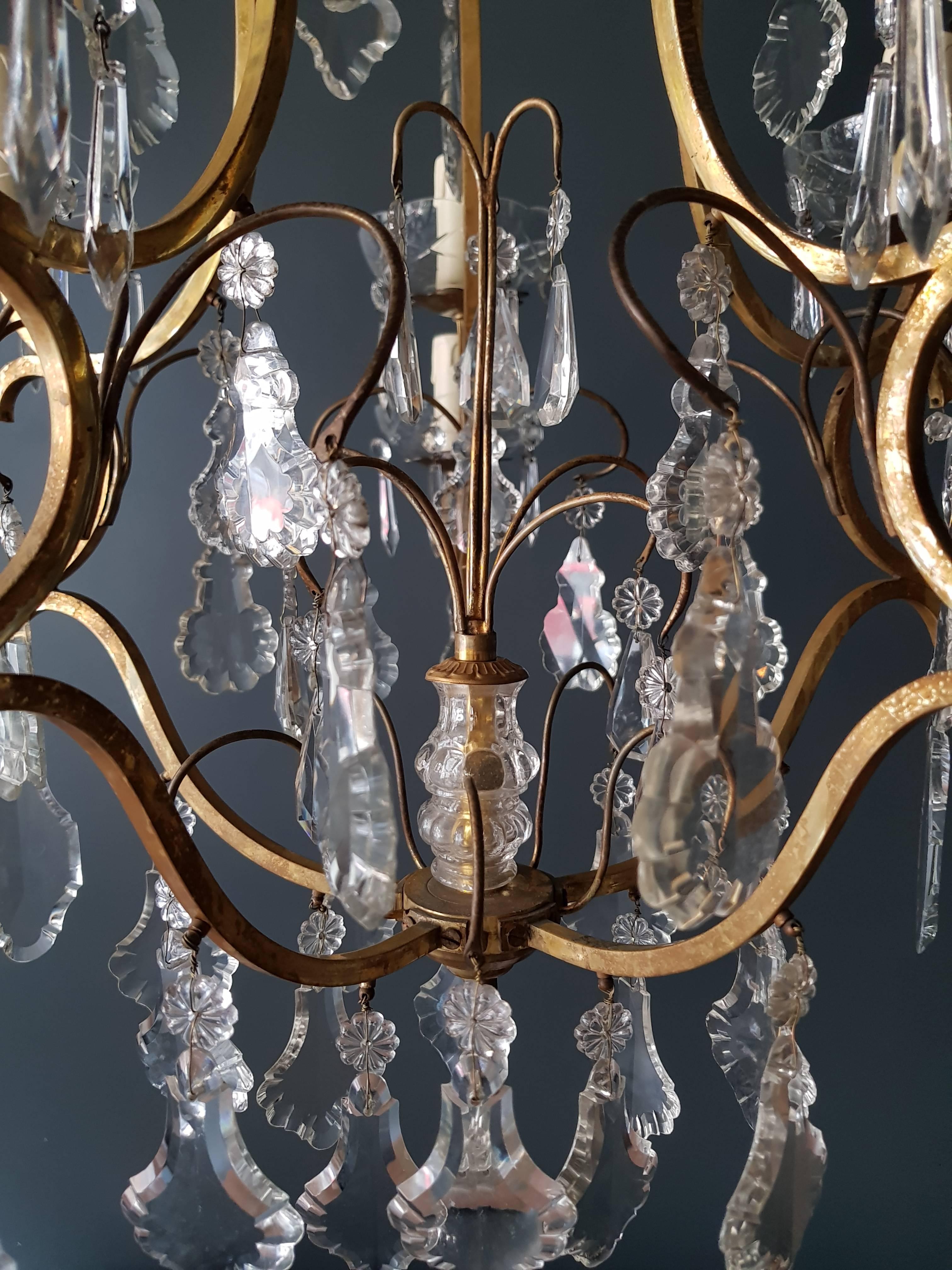 French Crystal Chandelier Antique Ceiling Lustre Art Nouveau Rarity, 1930 Gold Brass