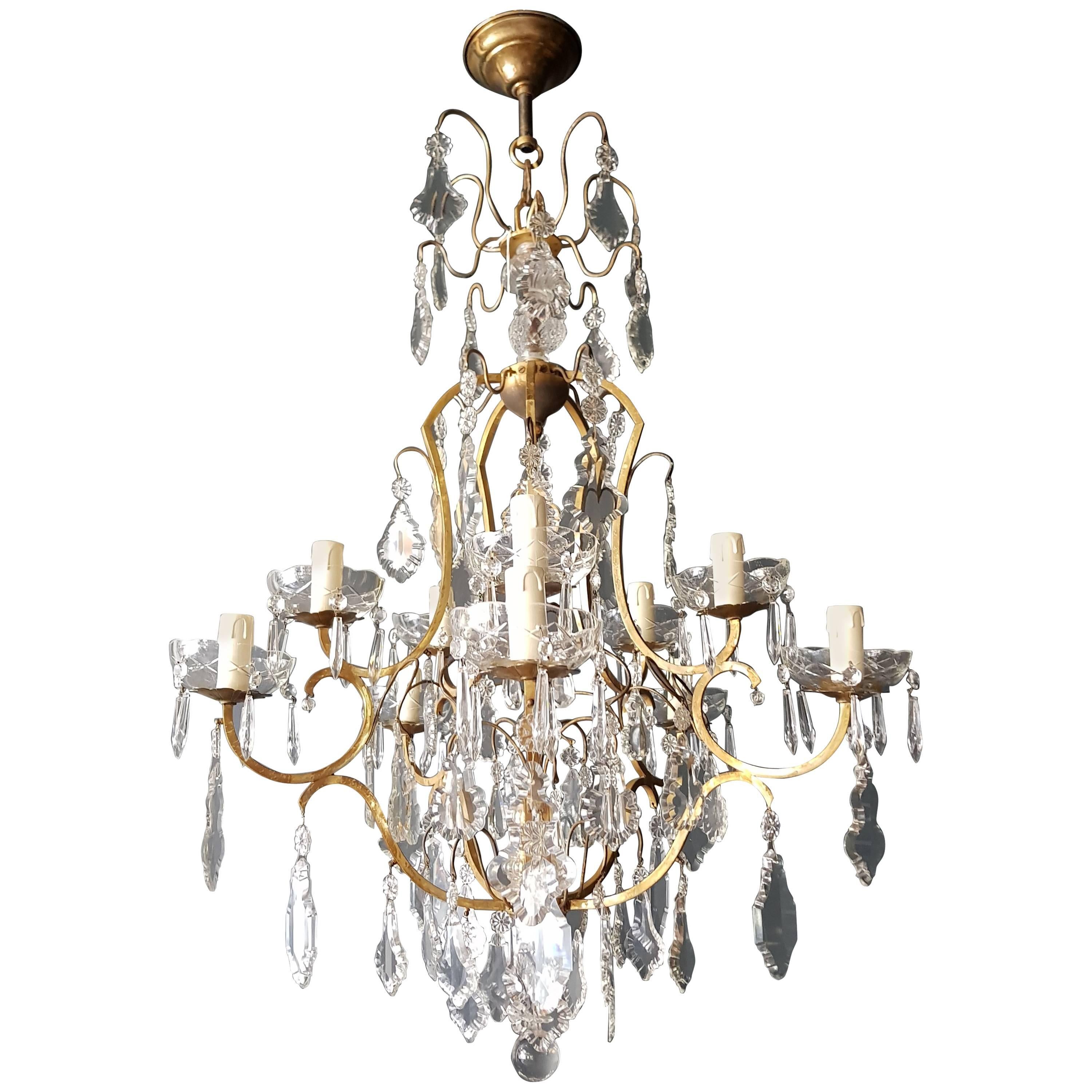 Crystal Chandelier Antique Ceiling Lustre Art Nouveau Rarity, 1930 Gold Brass