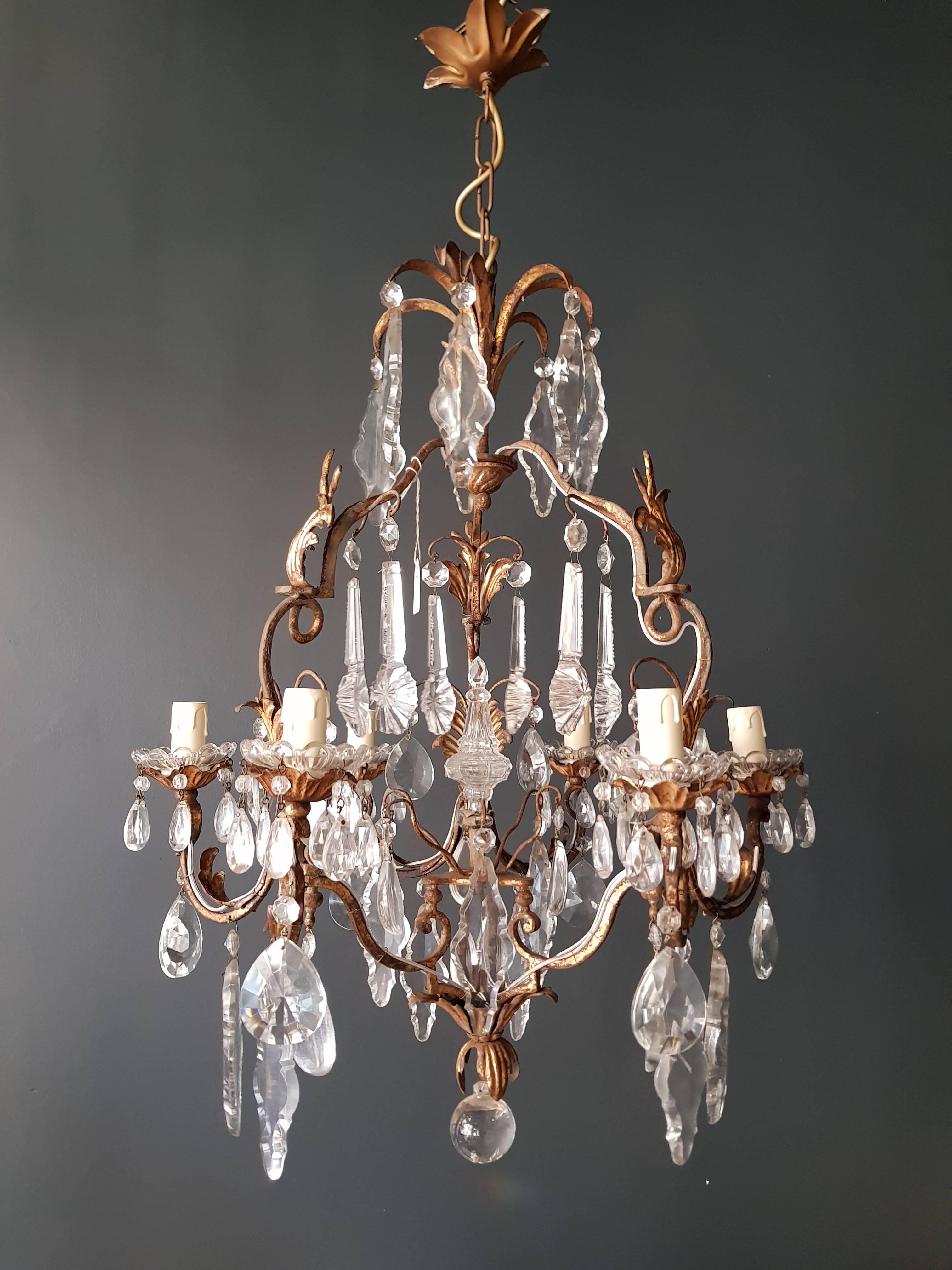 Early 20th Century Crystal Chandelier Antique Ceiling Lamp Lustre Art Nouveau  Brass Bronze