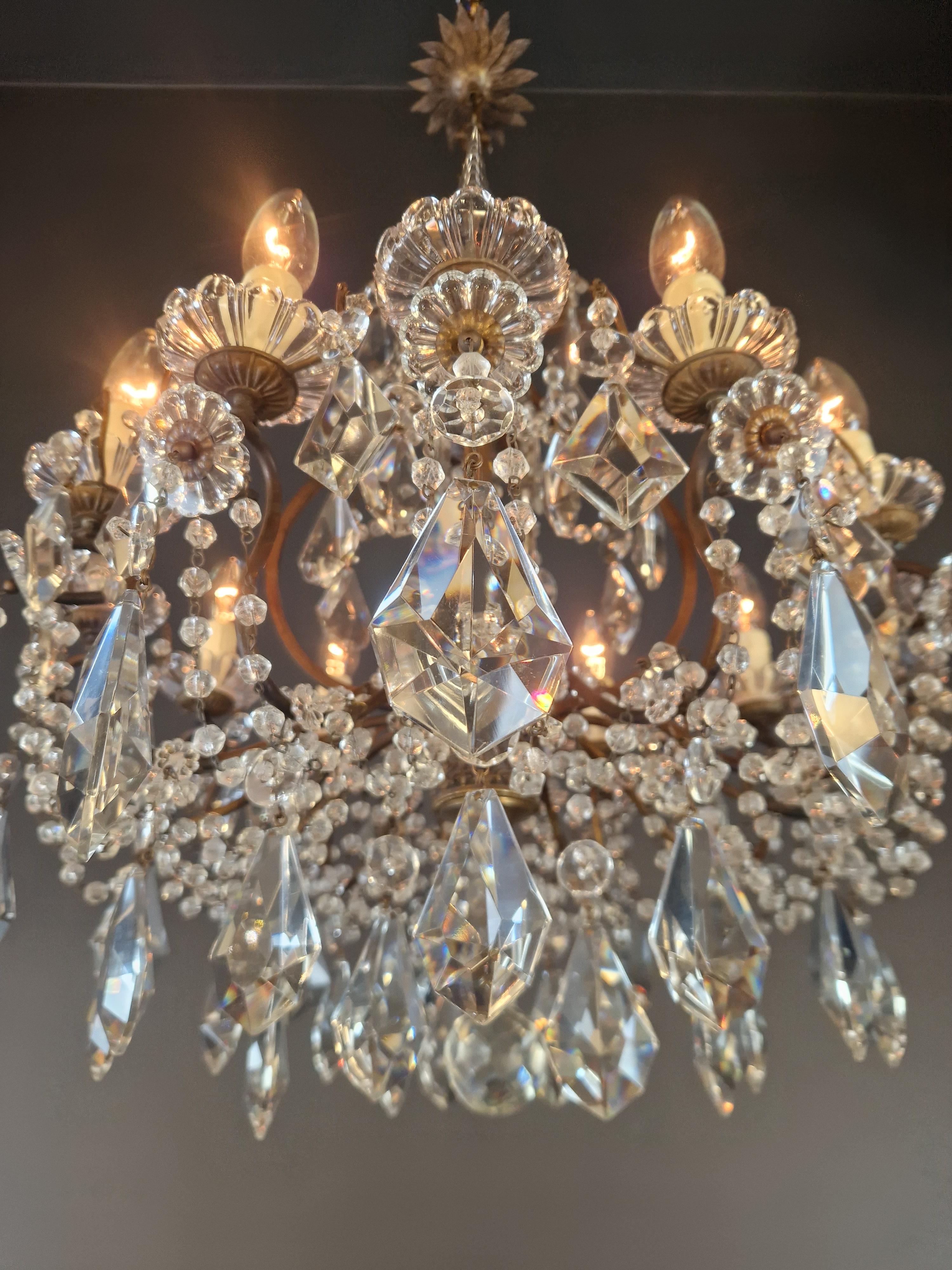 Ottone Lampadario di cristallo antico Lampada da soffitto in cristallo lustro Rarità Neoclassica in vendita