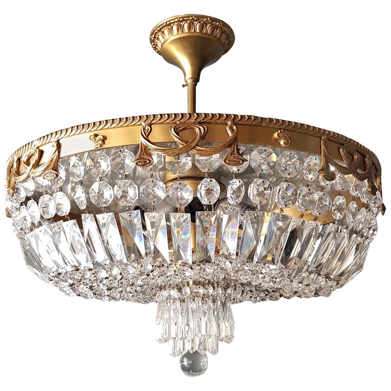 Crystal Chandelier Brass Lustre Low Ceiling at 1stDibs