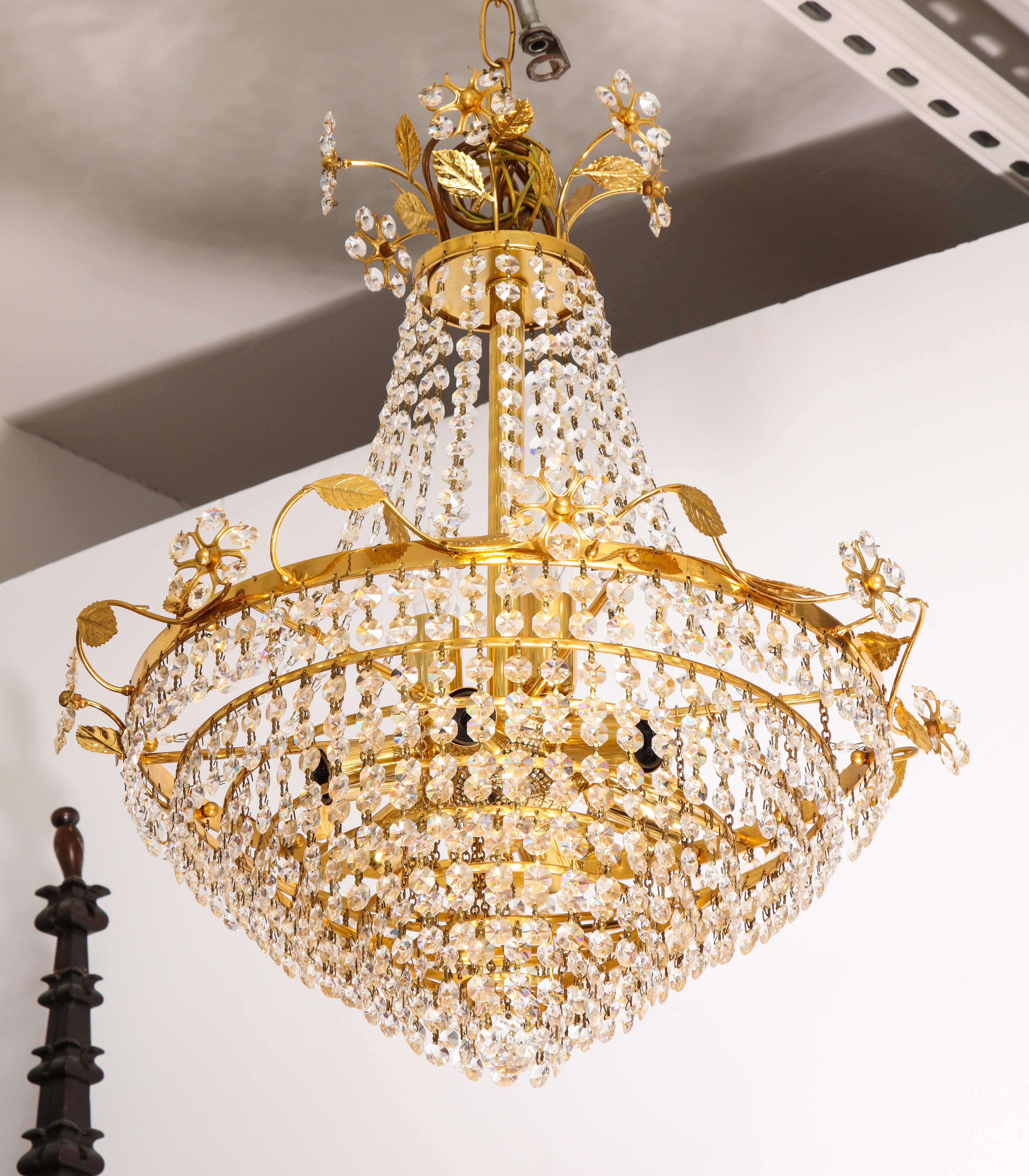Tiered crystal and brass chandelier with flowers, vines and leaves by Palwa In Good Condition For Sale In New York, NY