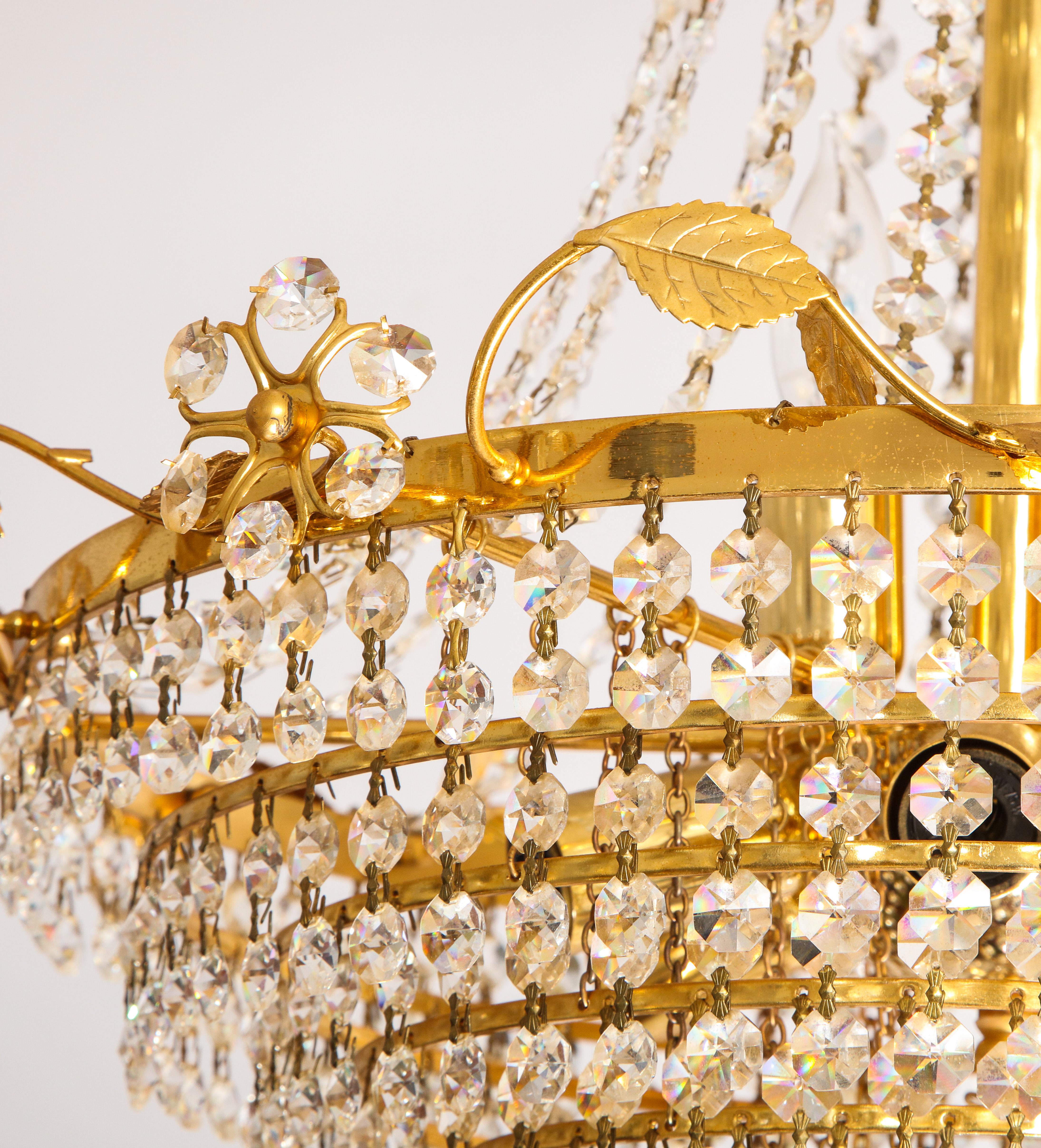 Crystal Tiered crystal and brass chandelier with flowers, vines and leaves by Palwa For Sale