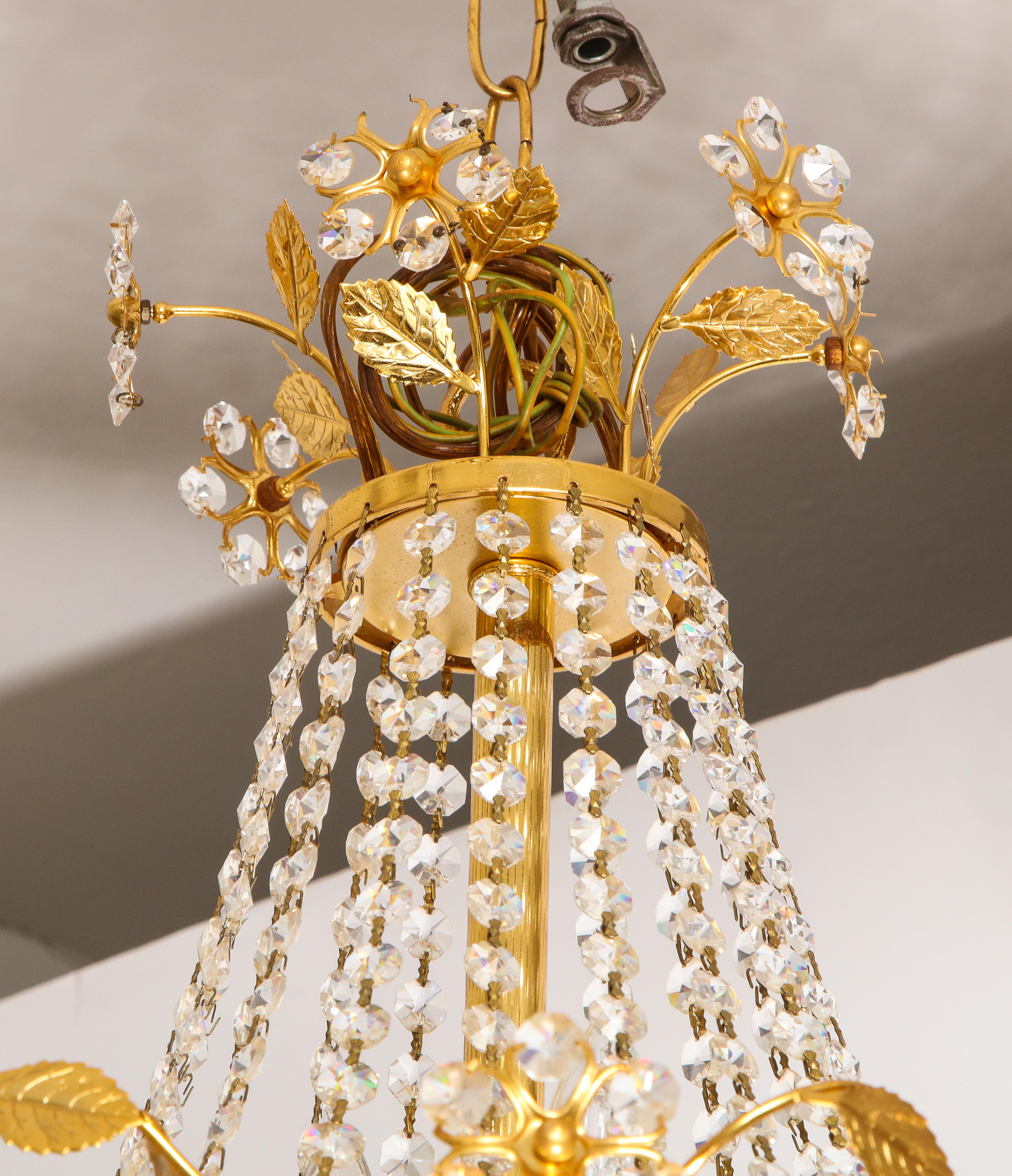 Tiered crystal and brass chandelier with flowers, vines and leaves by Palwa For Sale 2