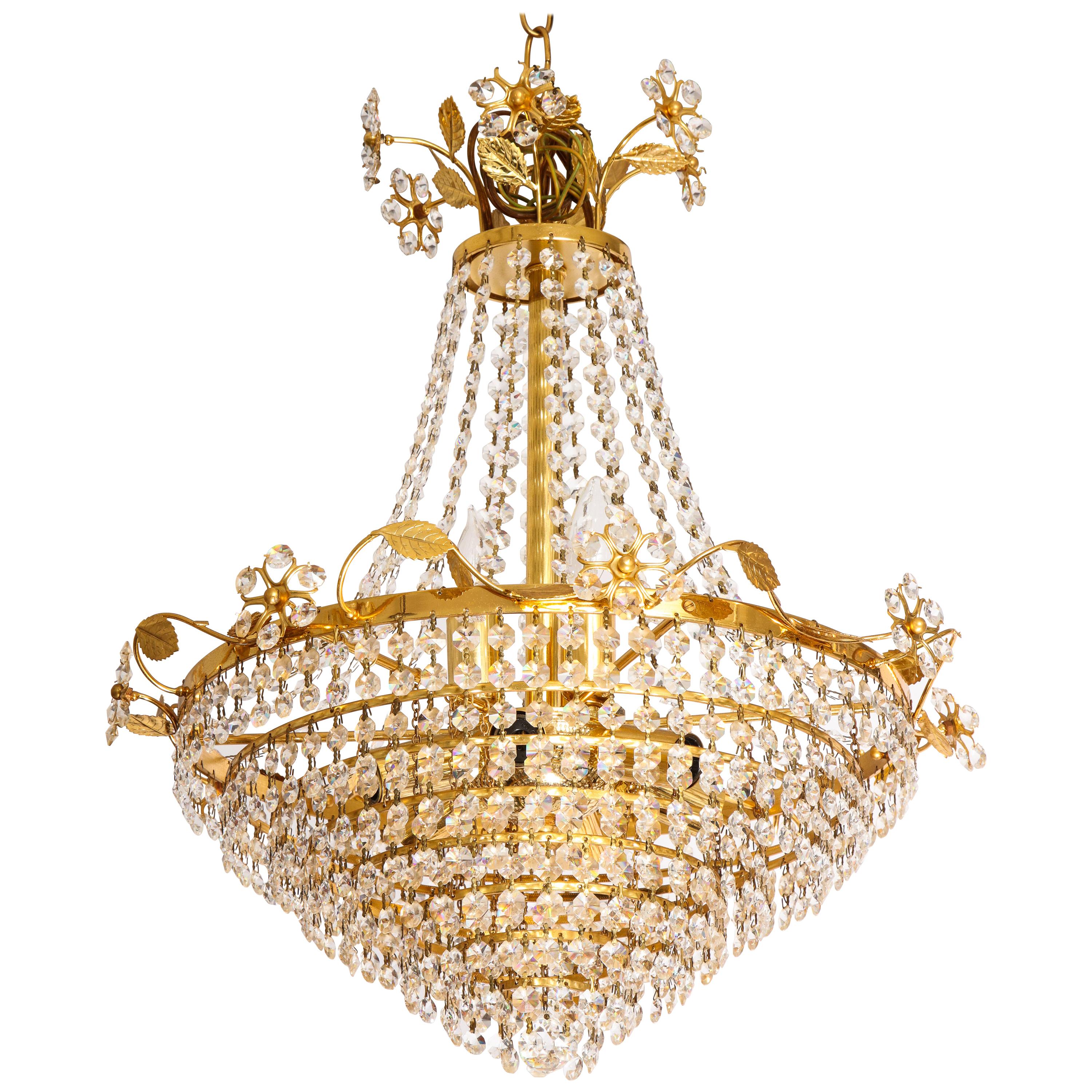 Tiered crystal and brass chandelier with flowers, vines and leaves by Palwa For Sale