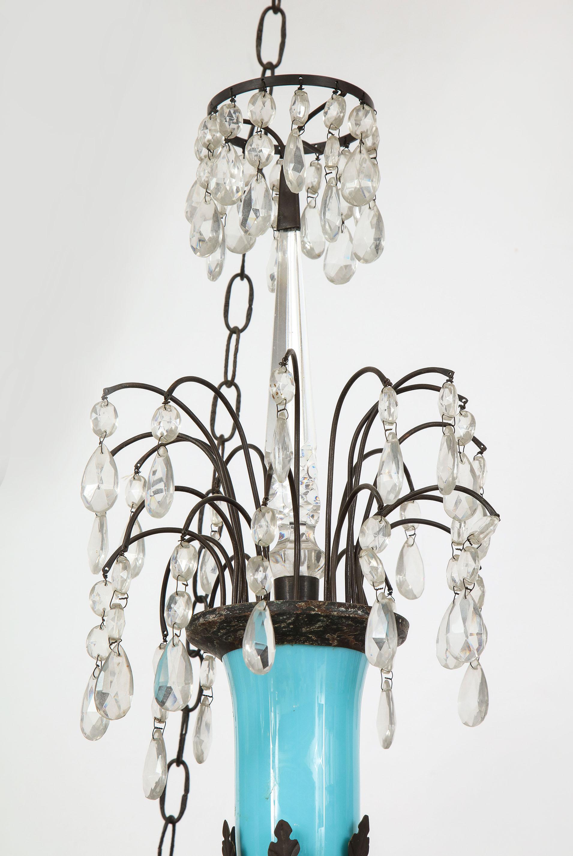 Swedish Neo-Classic crystal chandelier

The Swedish Neo-Classic chandelier with a woven crystal basket suspended from a ring of 12 candles arms (the ring itself electrified), supporting a central stem with turquoise glass and a spray of crystals