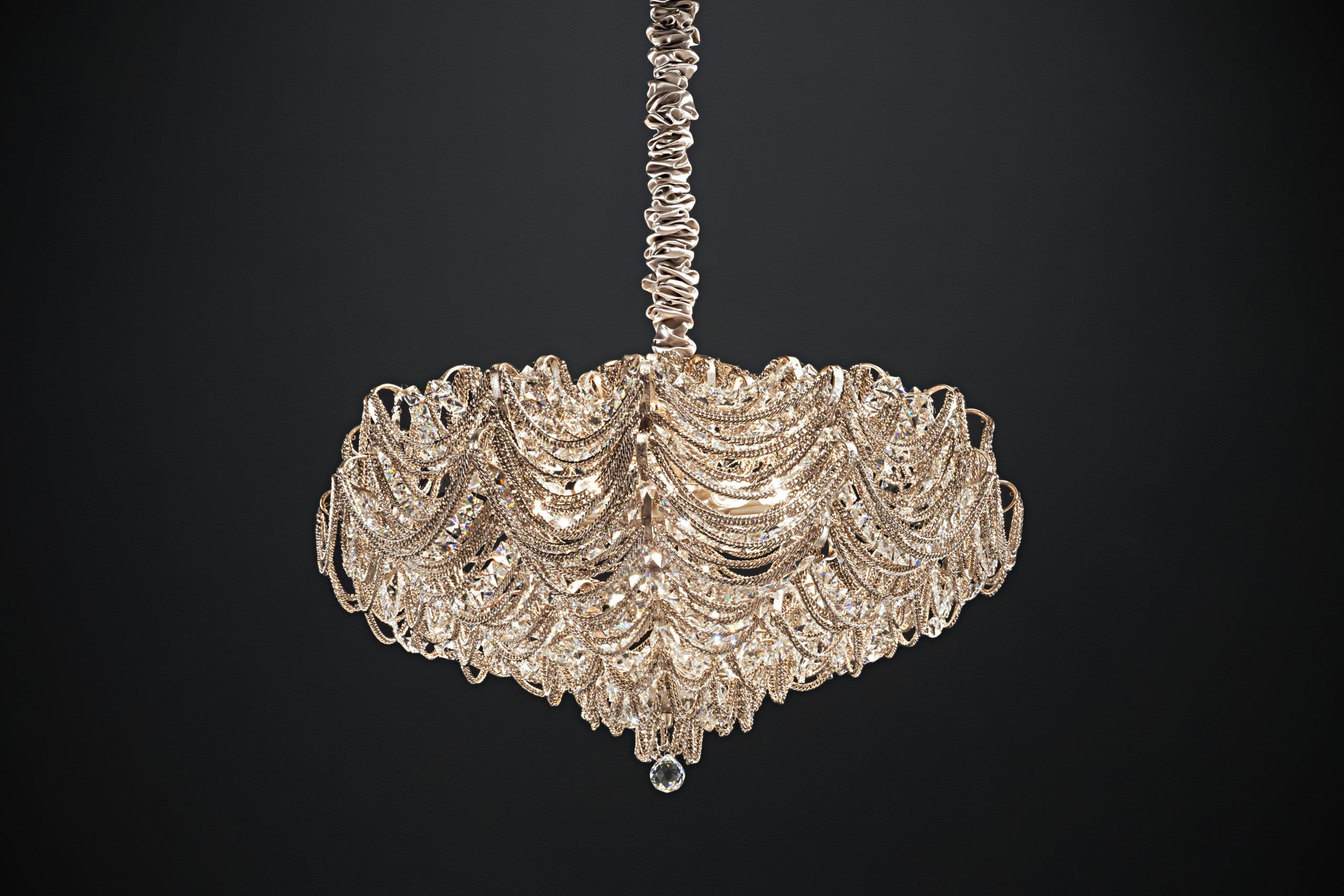 Crystal chandelier lamp 88 by Aver
Dimensions: D 88 x H 55 cm 
Materials: Natural clear crystals, nickel.
Lighting: 12 x E14
Available in other sizes.

All our lamps can be wired according to each country. If sold to the USA it will be wired