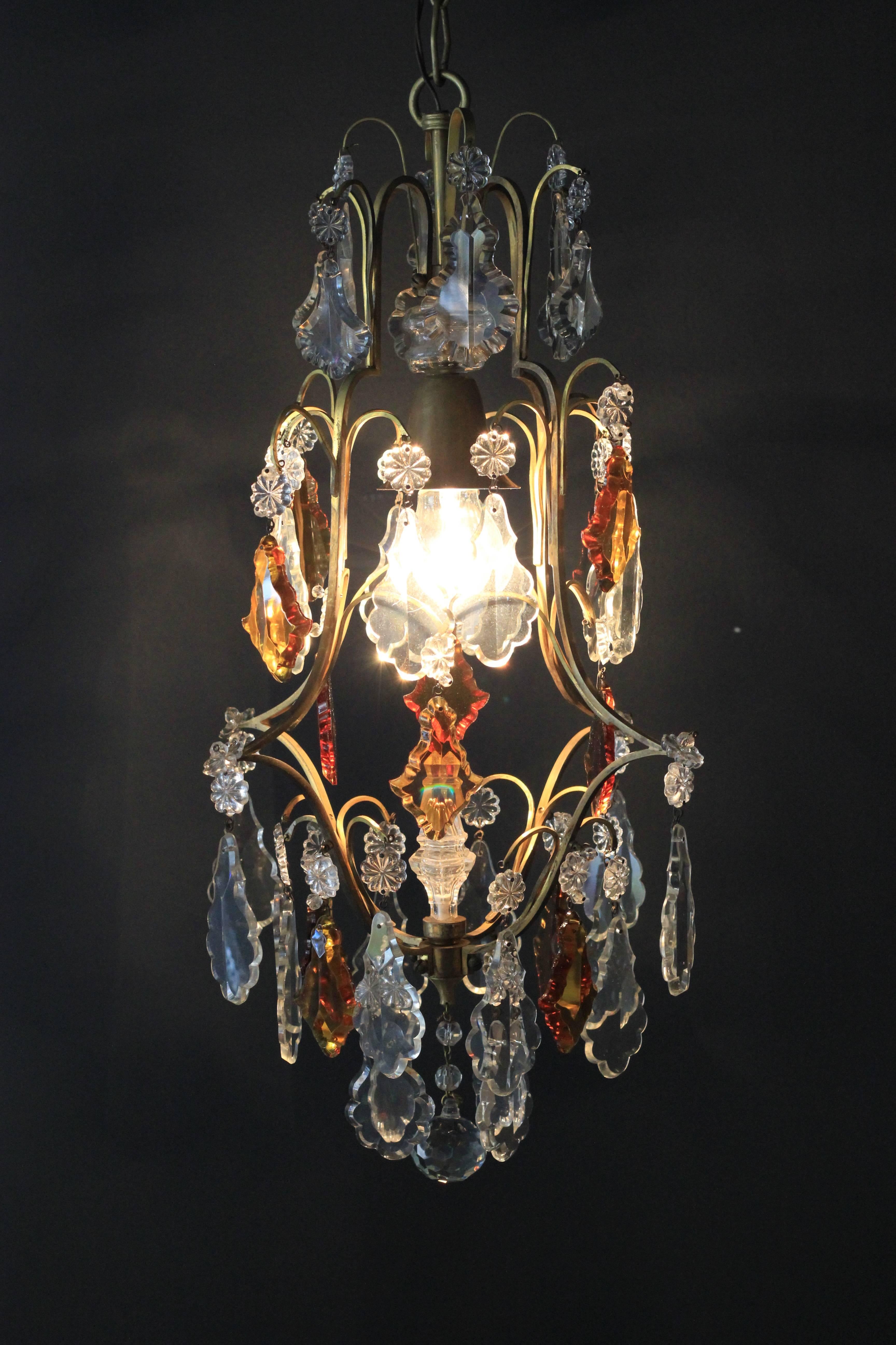 Hand-Knotted Crystal Chandelier Old Ceiling Brass Brown Colorful Special Amber Color Lustre