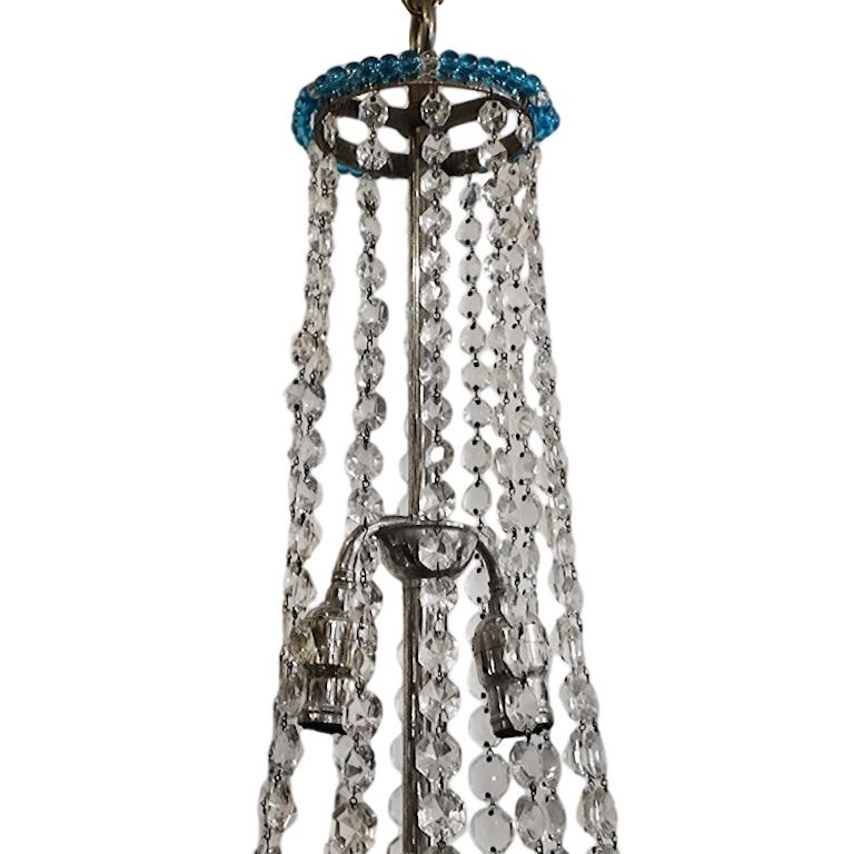 Inglese Lampadario di cristallo con bordatura blu in vendita