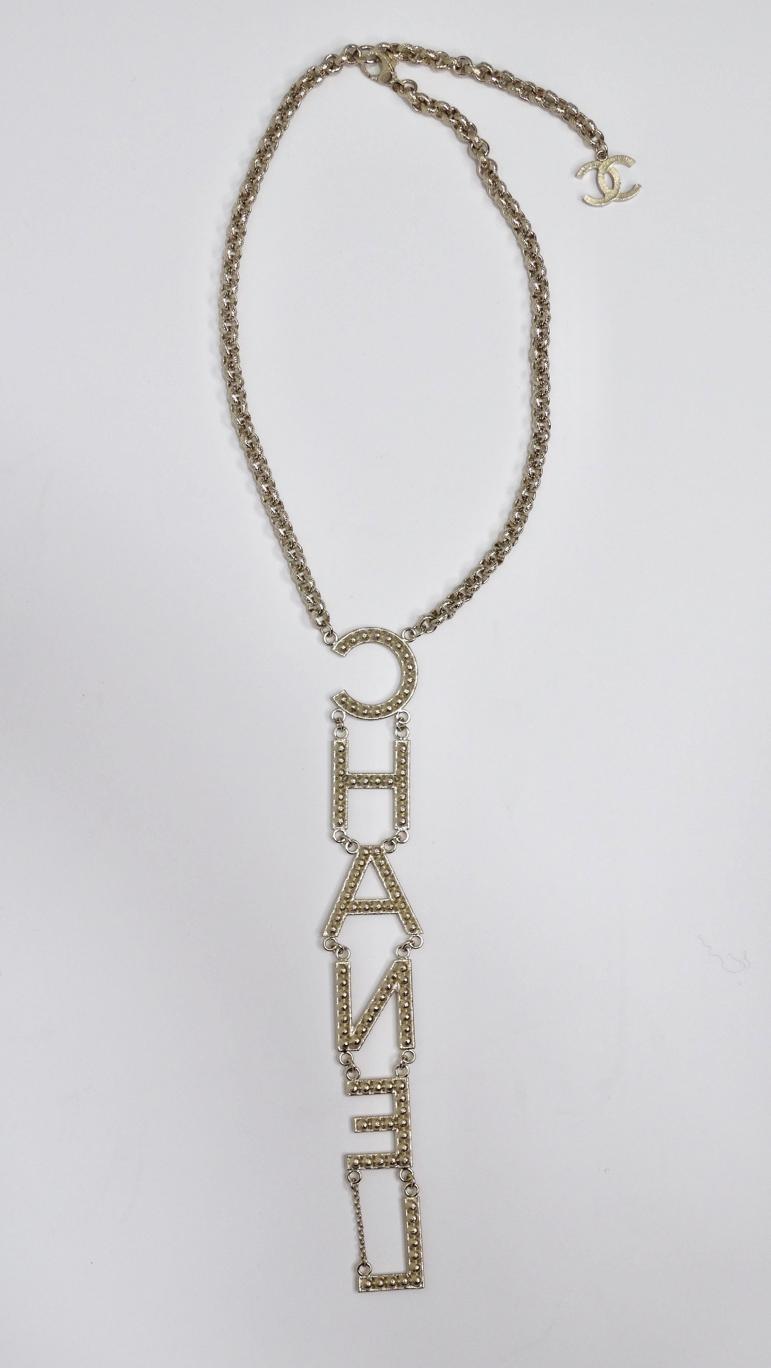 Crystal CHANEL Logo Runway Drop Necklace In Excellent Condition In Scottsdale, AZ