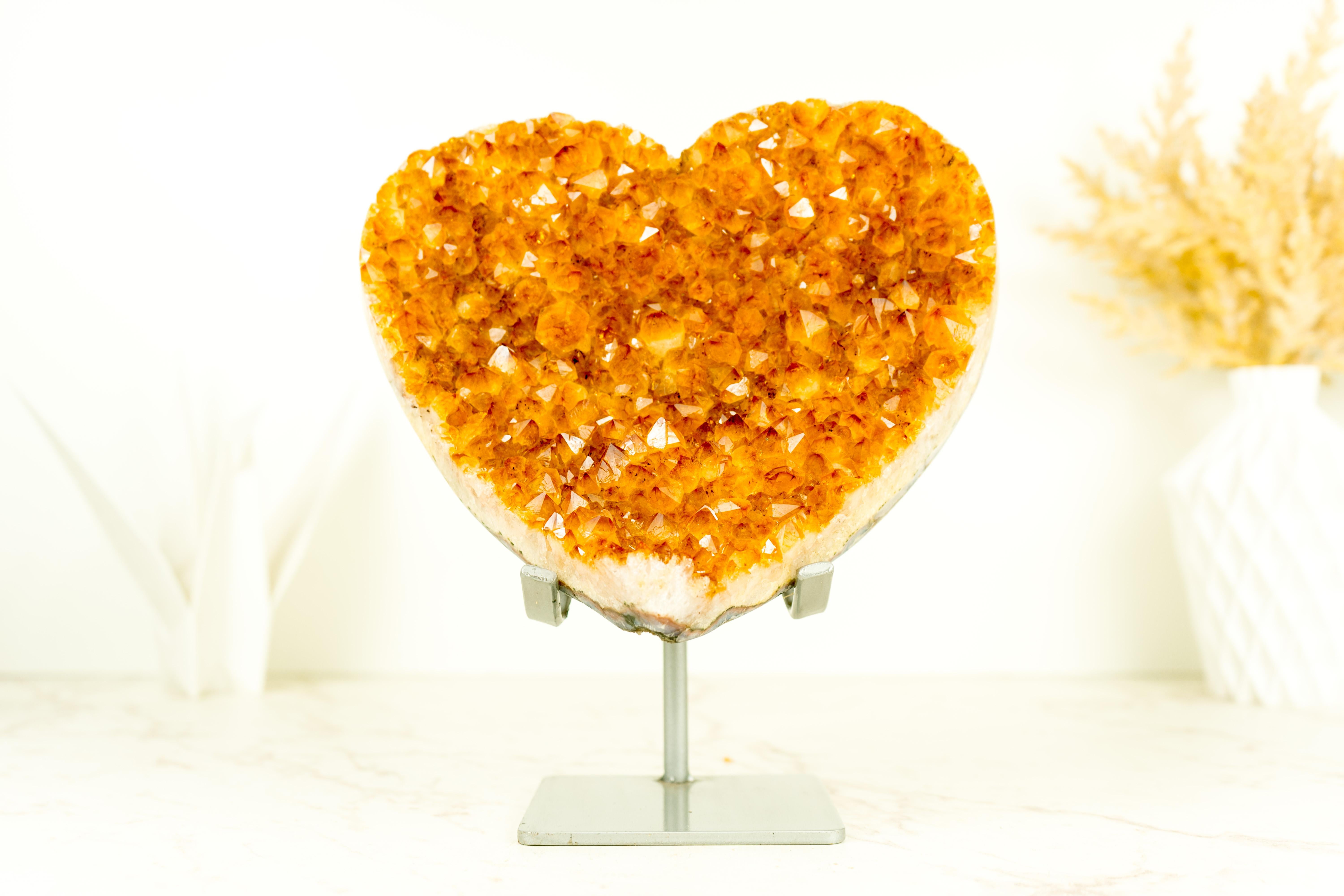 Brazilian Crystal Citrine Heart Sculpture with Deep Orange, Shiny High-Grade Citrine Druzy For Sale