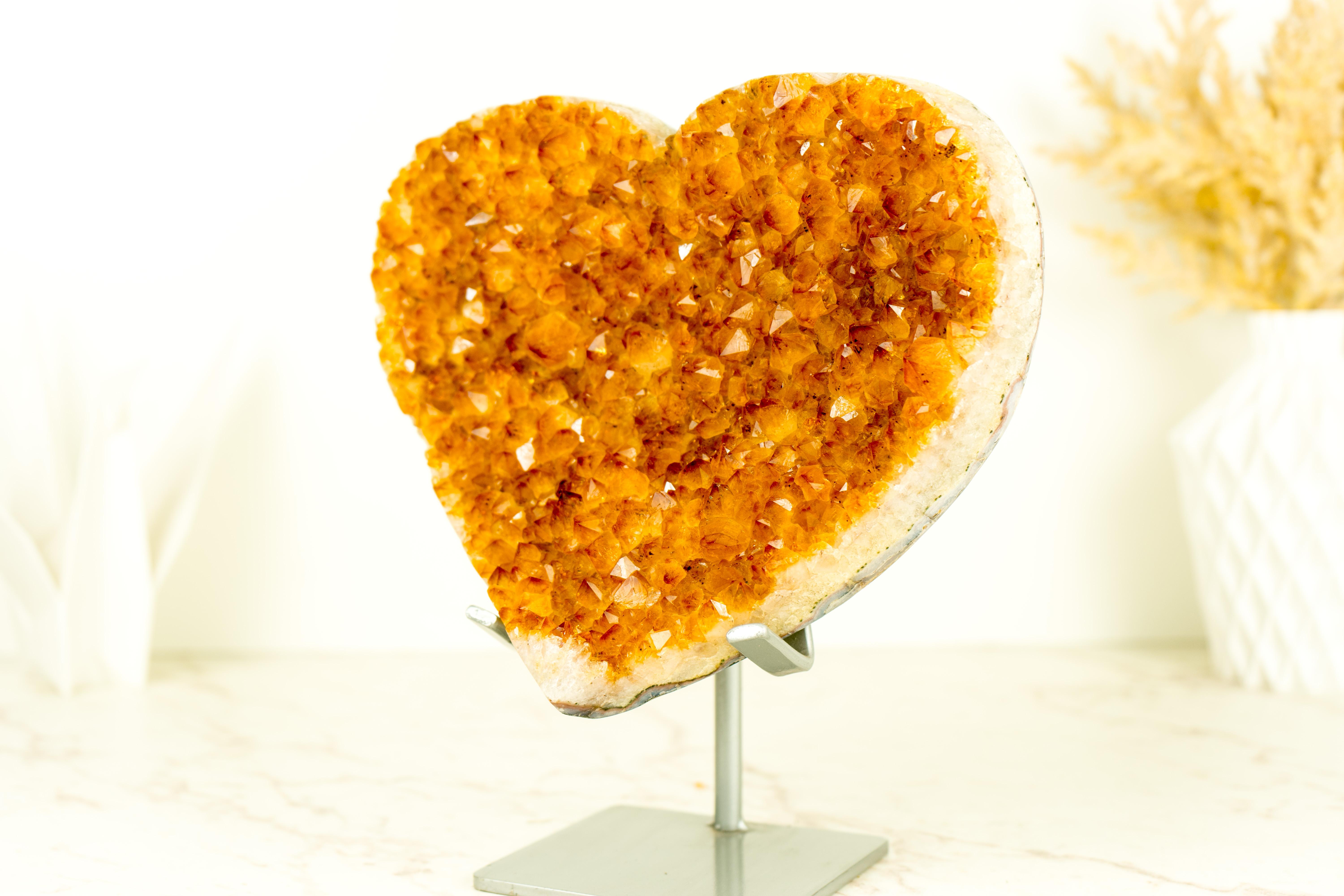 Agate Crystal Citrine Heart Sculpture with Deep Orange, Shiny High-Grade Citrine Druzy For Sale