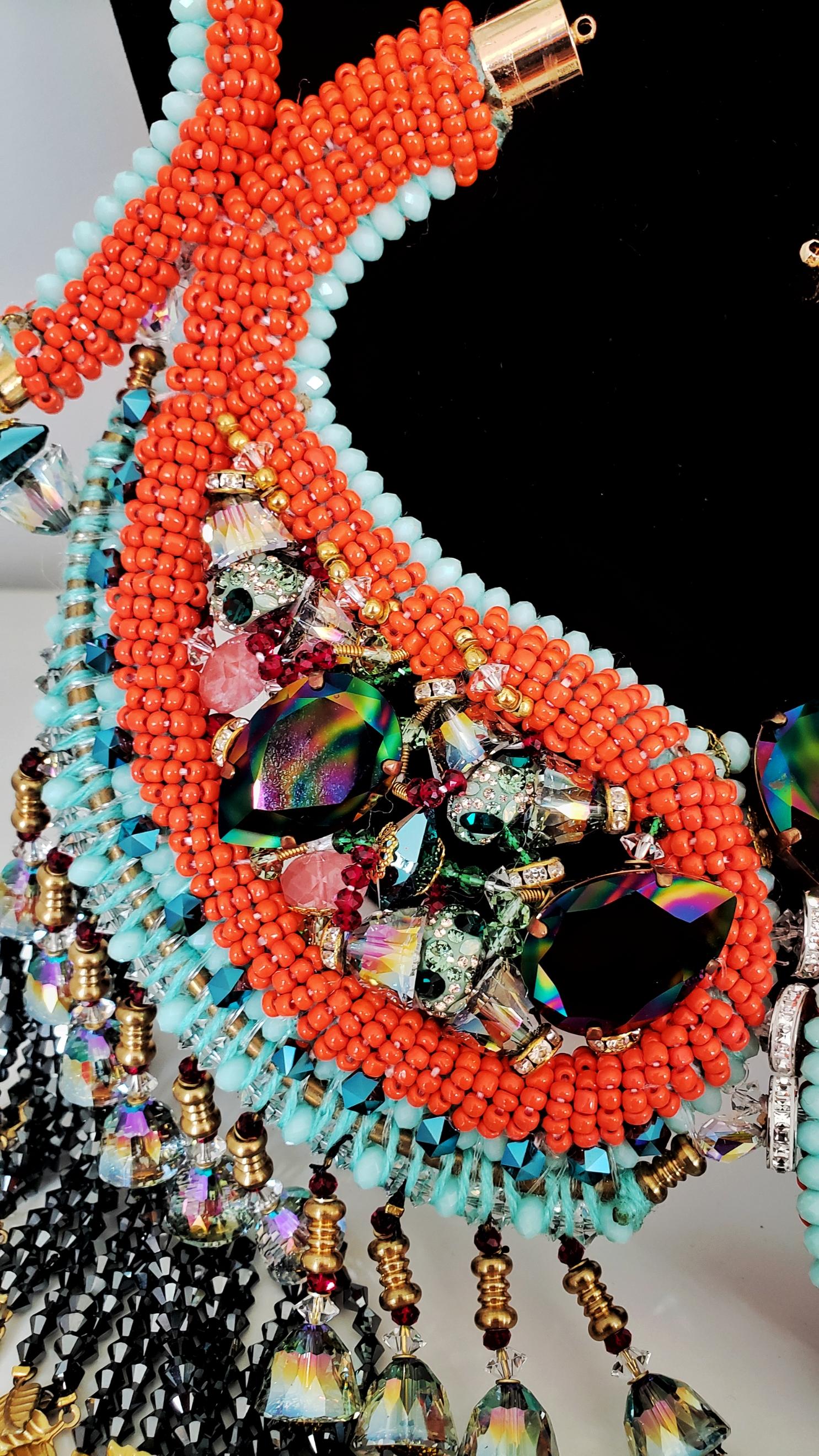 Crystal Citrine & Rose Quartz Paisley Embellished Tassel Beaded Drop Necklace For Sale 2