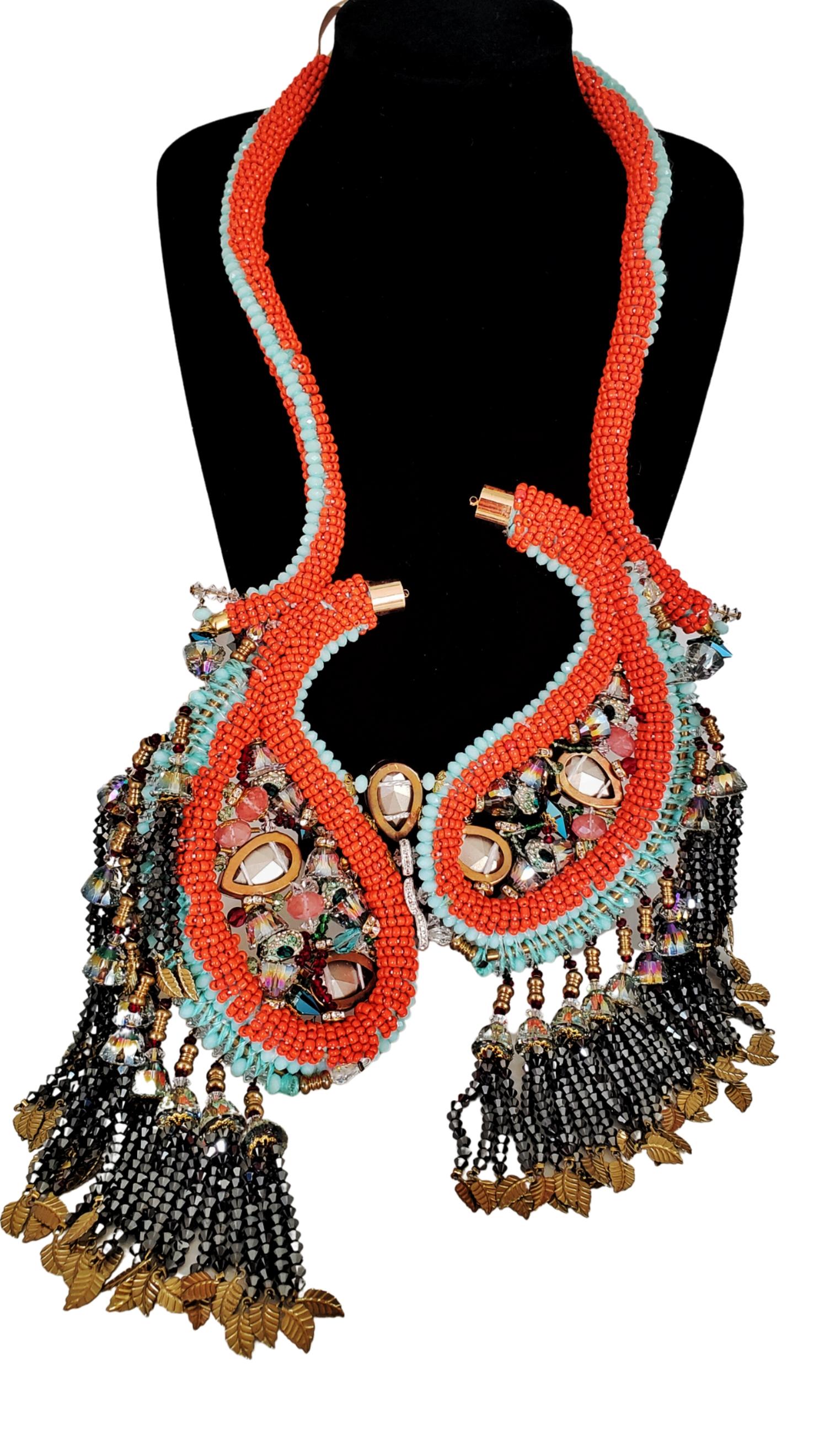 Crystal Citrine & Rose Quartz Paisley Embellished Tassel Beaded Drop Necklace For Sale 3