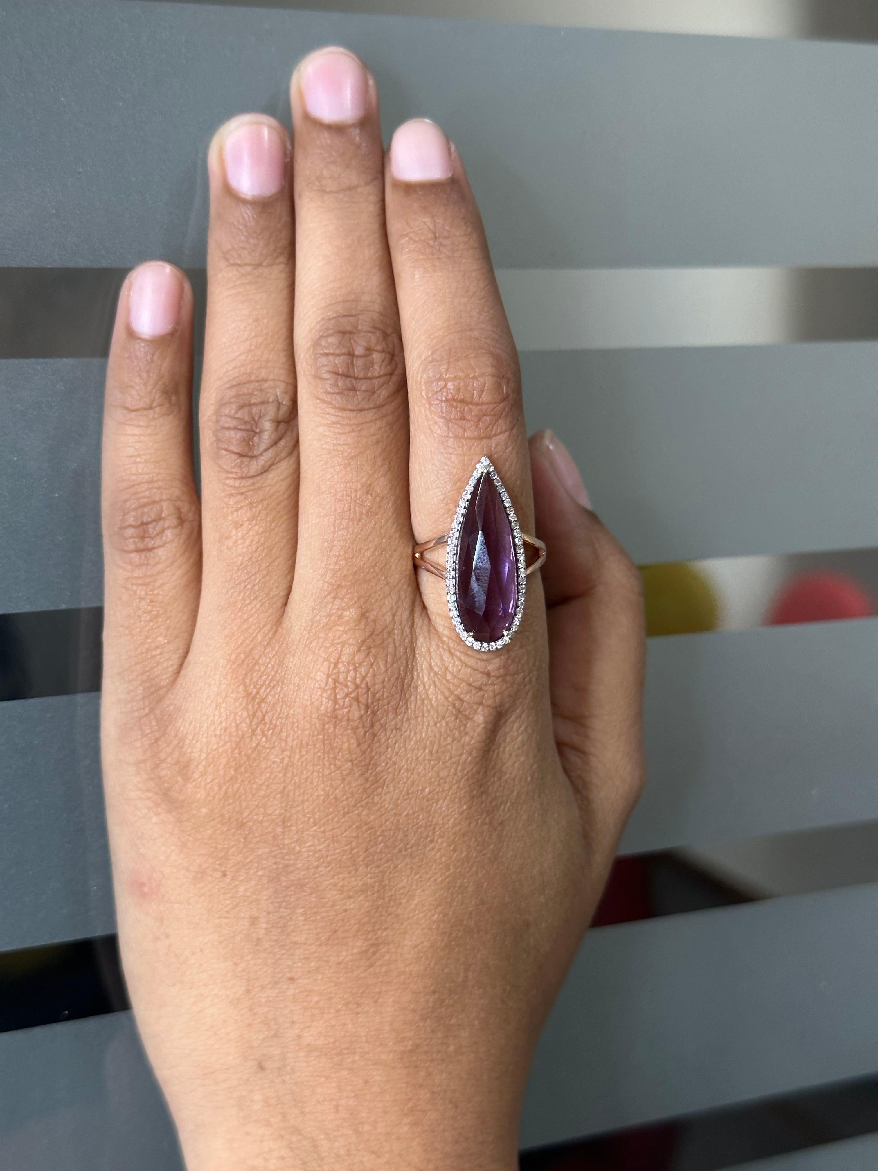 For Sale:  Crystal Clear Statement Amethyst Ring in 14k Rose Gold Settings & Halo Diamonds 2