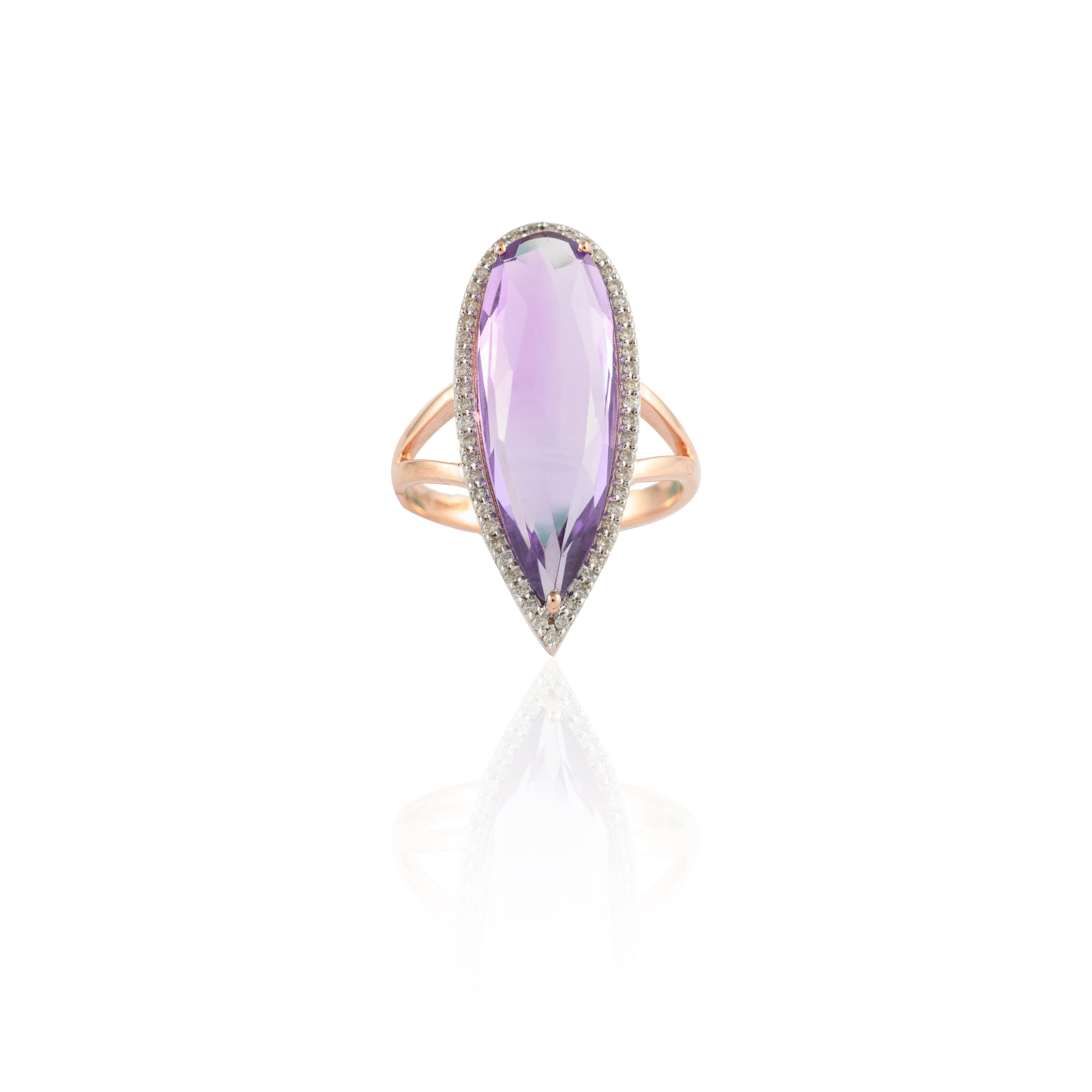 For Sale:  Crystal Clear Statement Amethyst Ring in 14k Rose Gold Settings & Halo Diamonds 3
