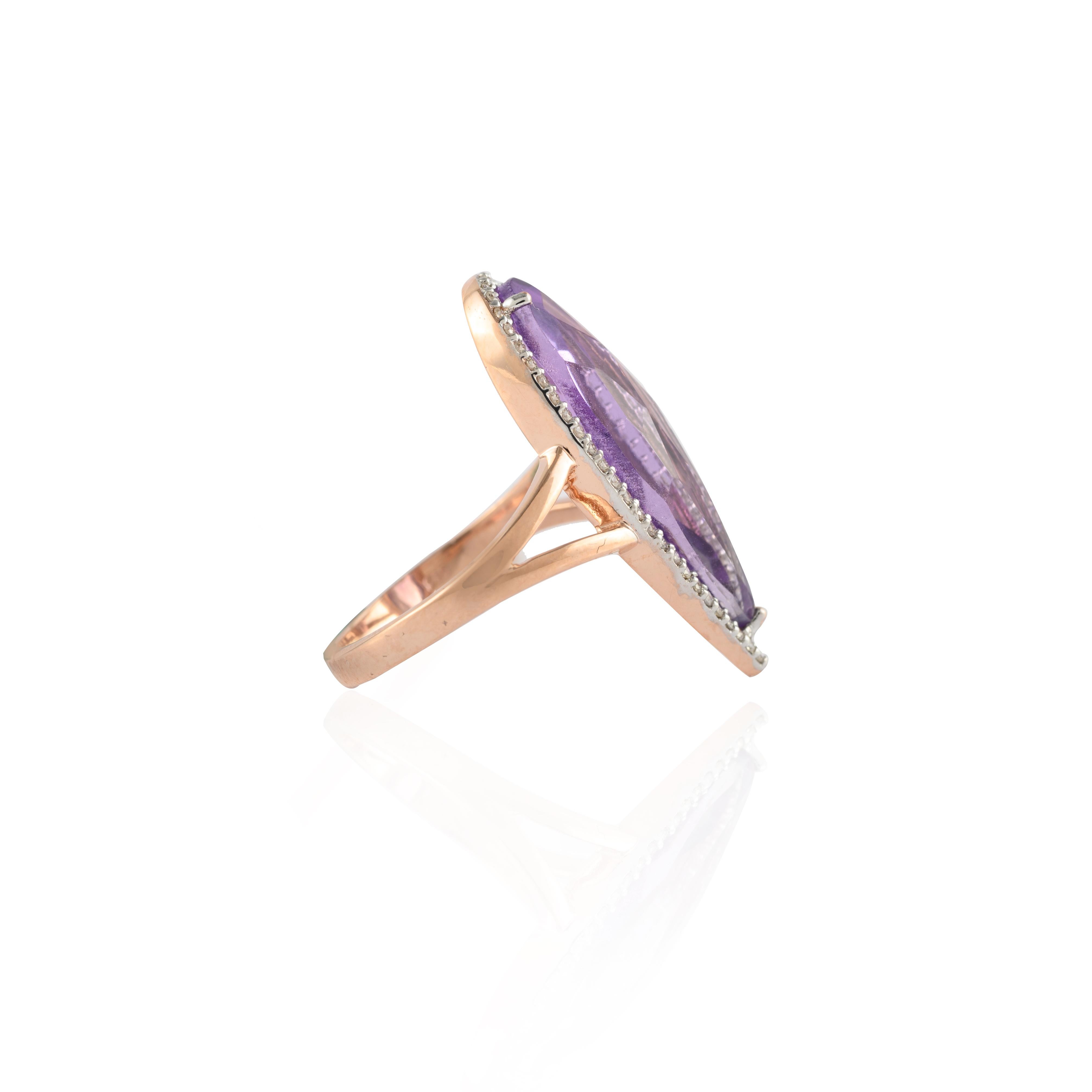 For Sale:  Crystal Clear Statement Amethyst Ring in 14k Rose Gold Settings & Halo Diamonds 5