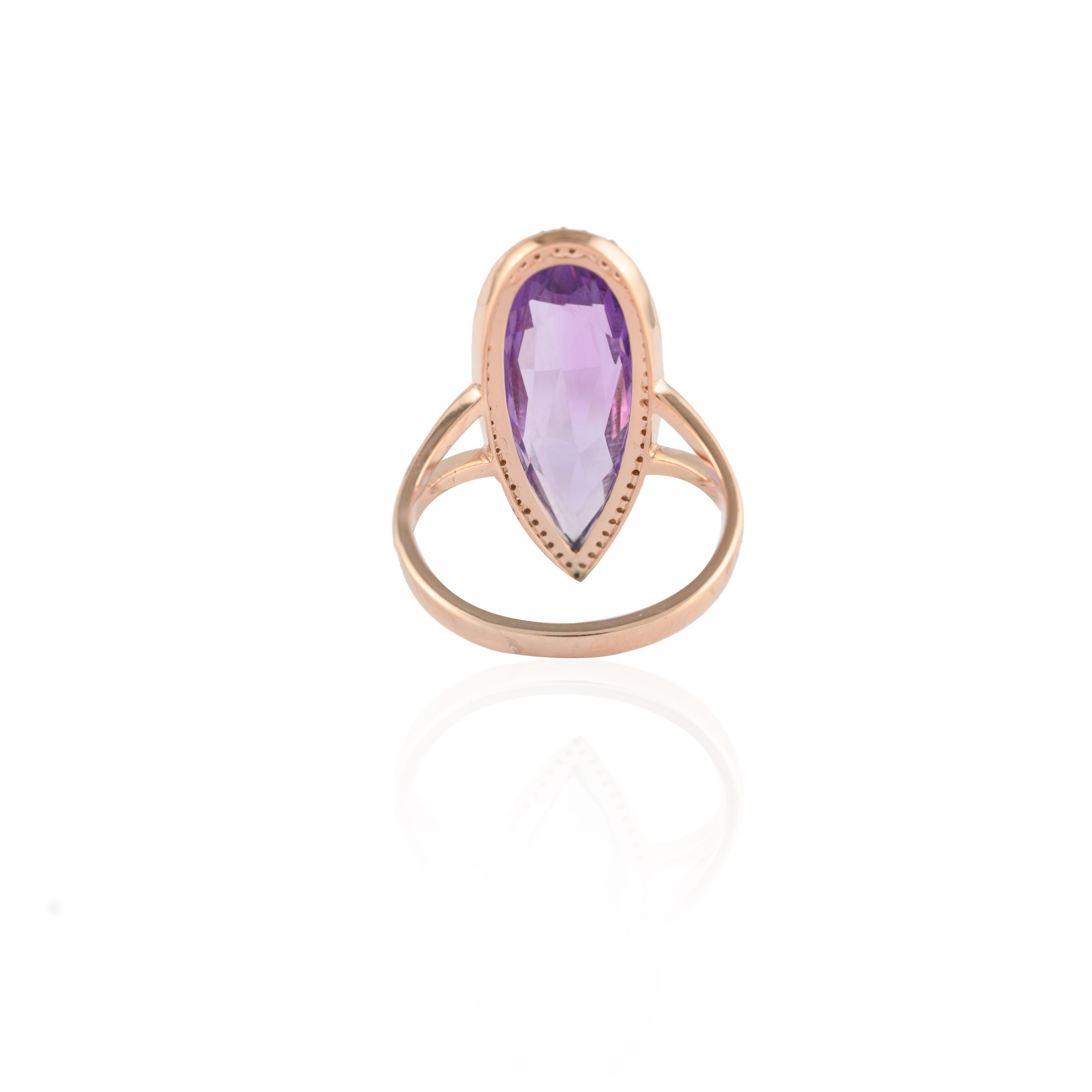 For Sale:  Crystal Clear Statement Amethyst Ring in 14k Rose Gold Settings & Halo Diamonds 7