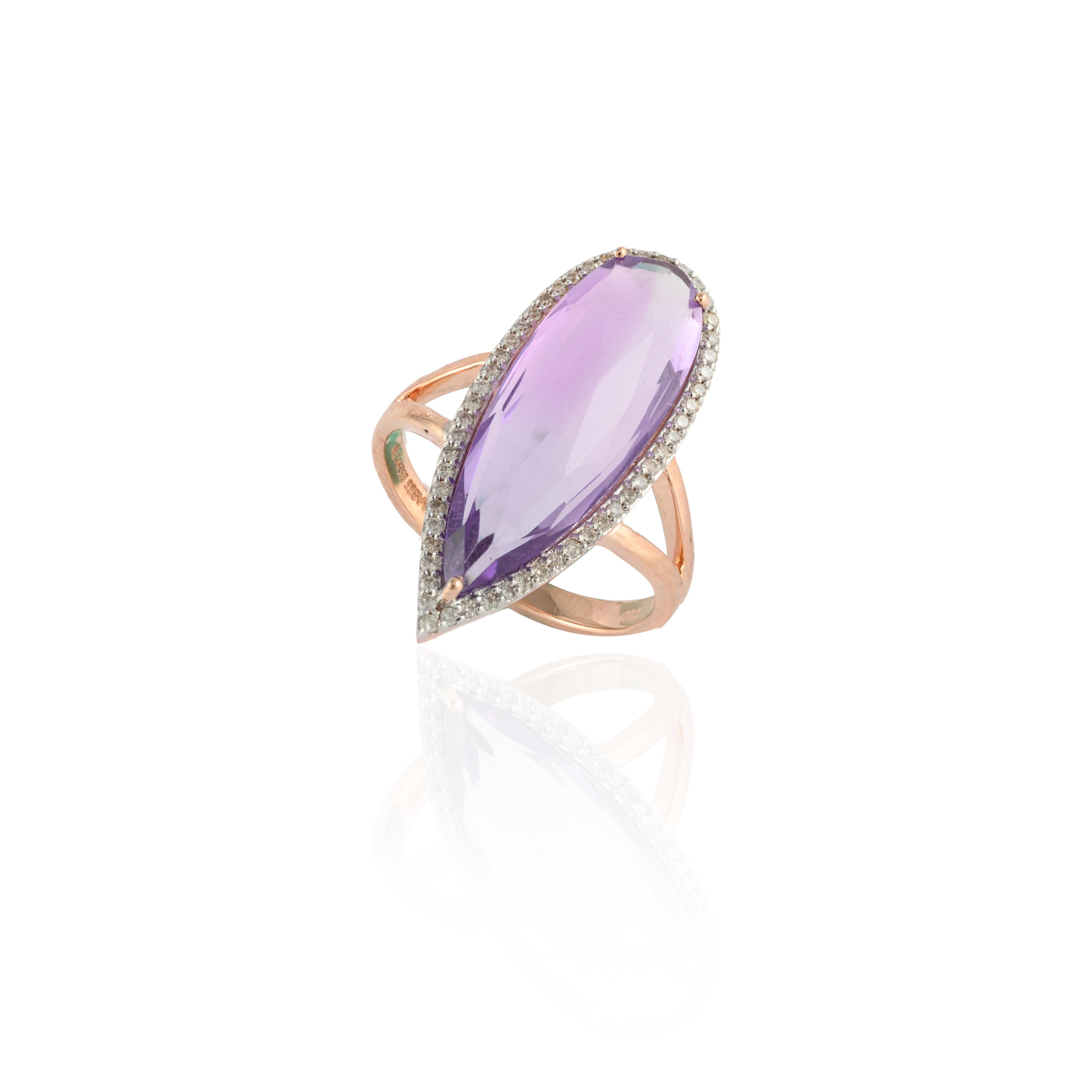For Sale:  Crystal Clear Statement Amethyst Ring in 14k Rose Gold Settings & Halo Diamonds 9