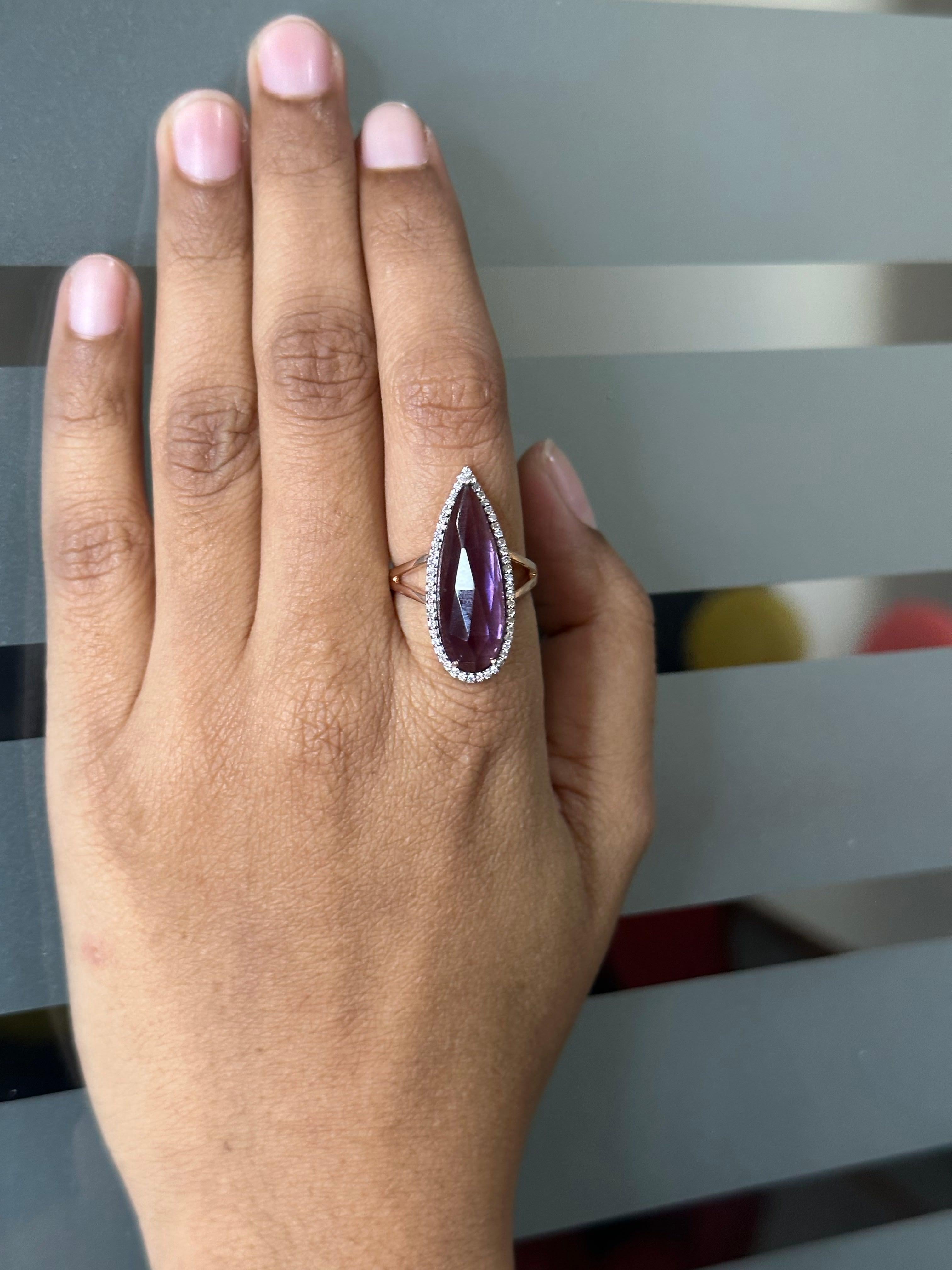 For Sale:  Crystal Clear Statement Amethyst Ring in 14k Rose Gold Settings & Halo Diamonds 8