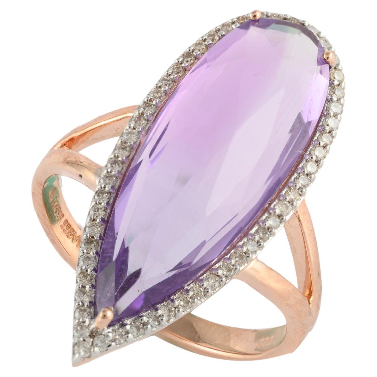 For Sale:  Crystal Clear Statement Amethyst Ring in 14k Rose Gold Settings & Halo Diamonds