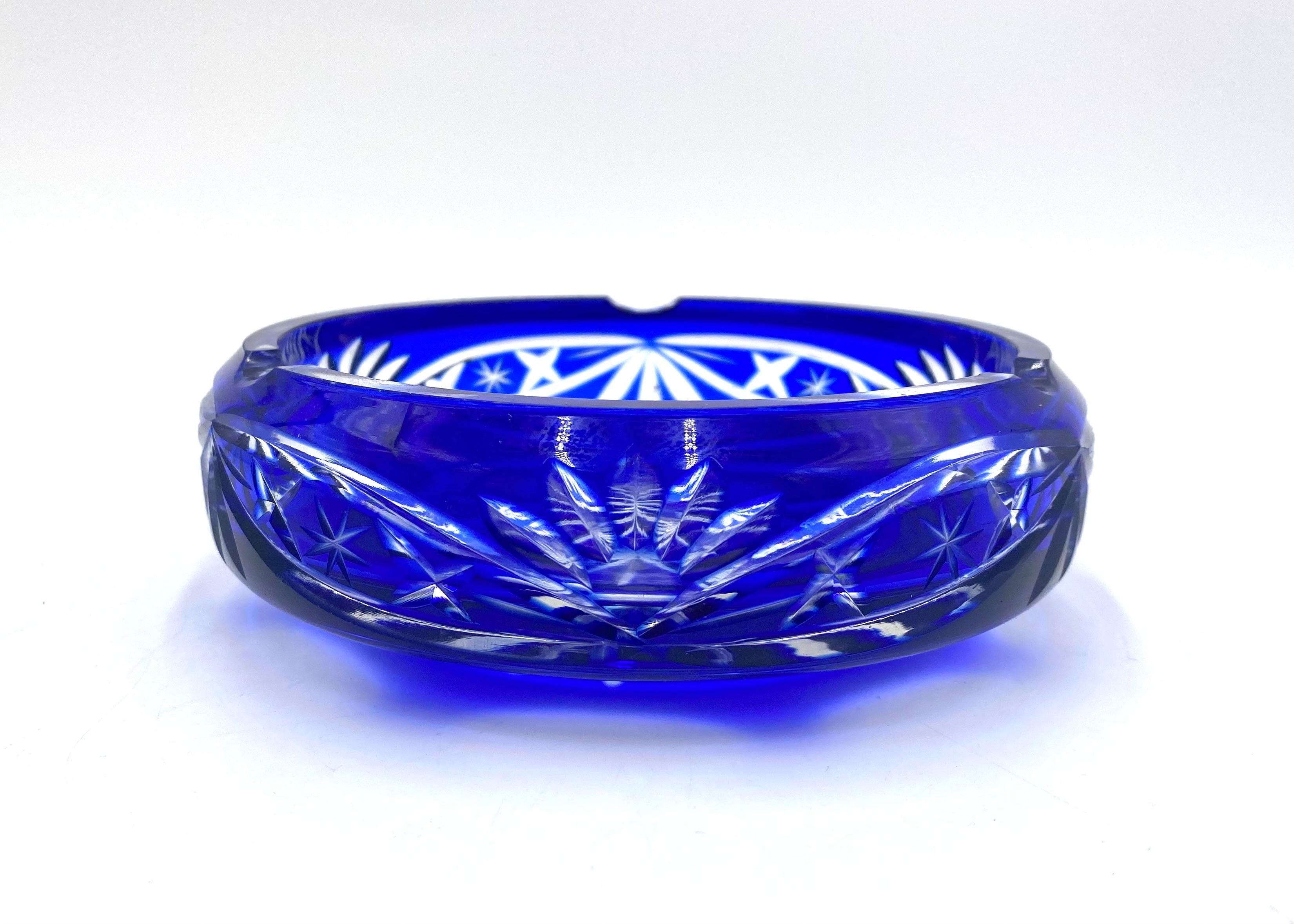 Czech Crystal Cobalt Ashtray, Poland, 1960s For Sale