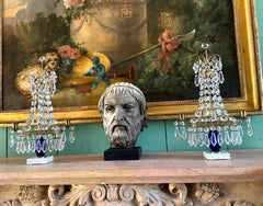 Crystal Cobalt Blue Glass & Gilt Bronze Light Candleholder Girandoles Candelabra